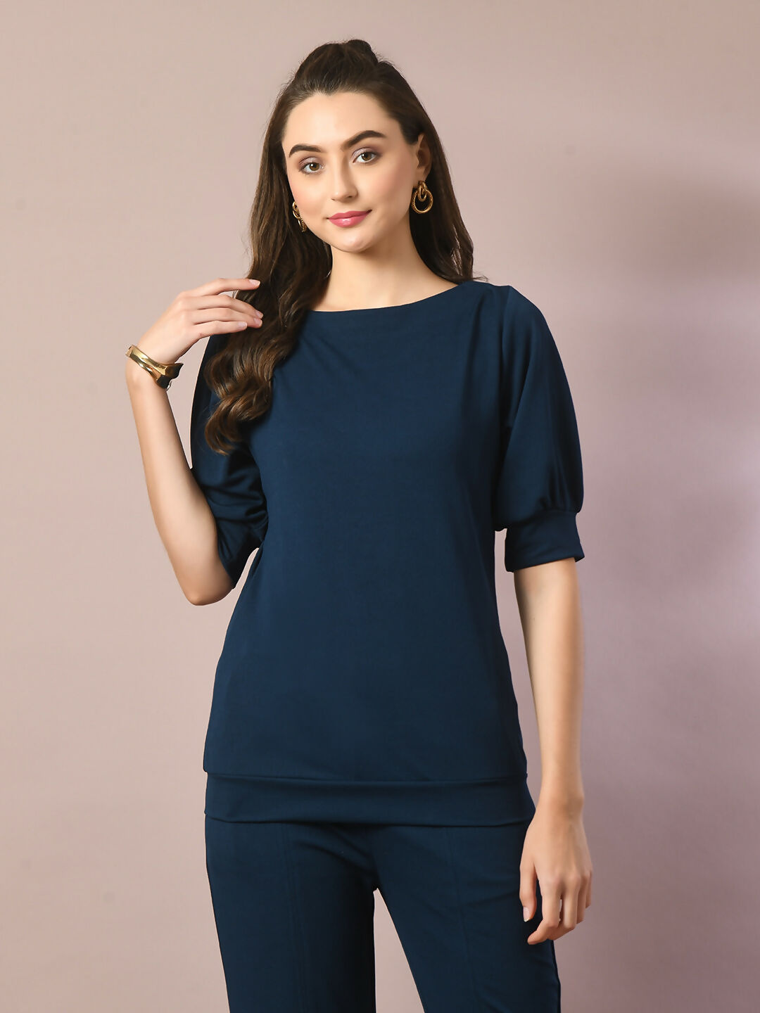 Myshka Women's Blue Solid Boat Neck Party Top With Trousers Co-ord set - Swadesiicart