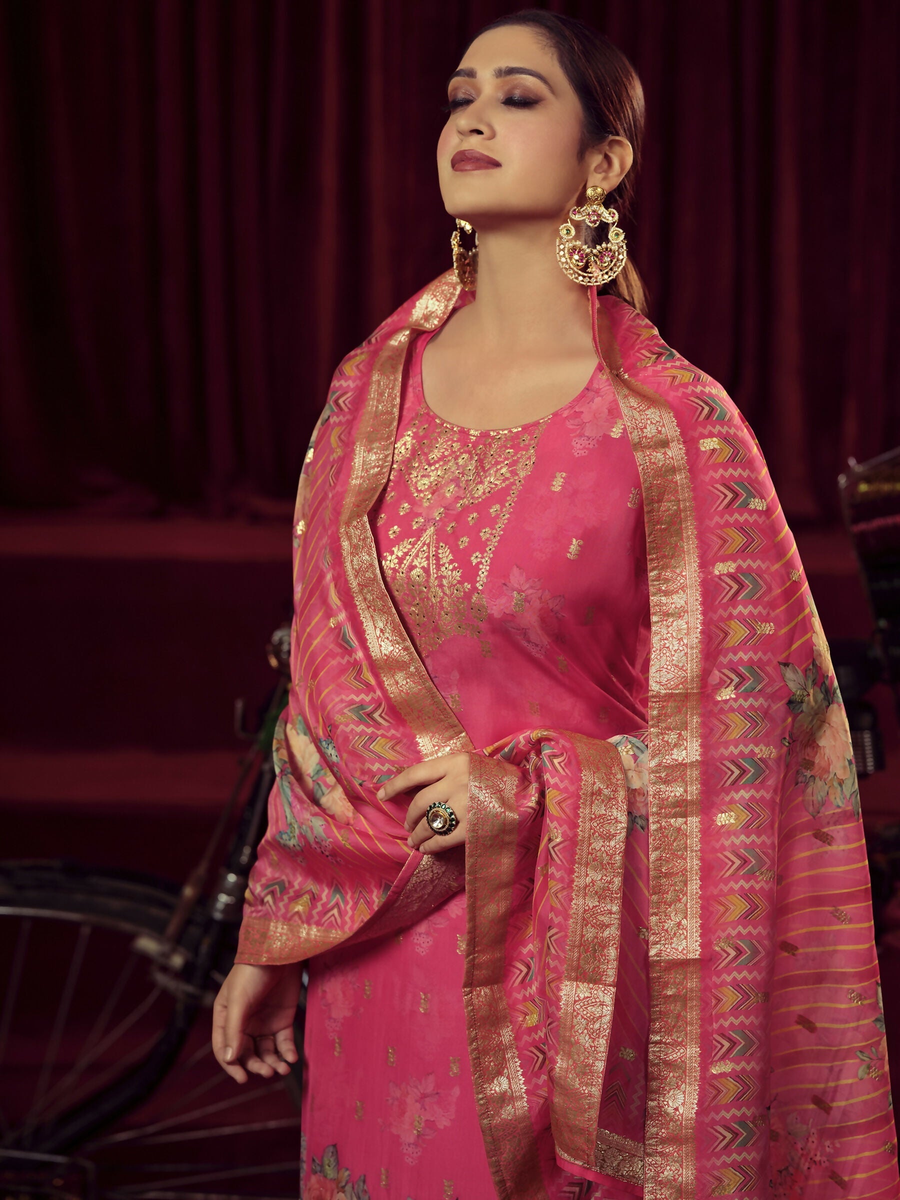 Jyoti Fashion Women's Magenta Organza Jacquard Woven Kurta with Trouser & Dupatta | Swadesiicart