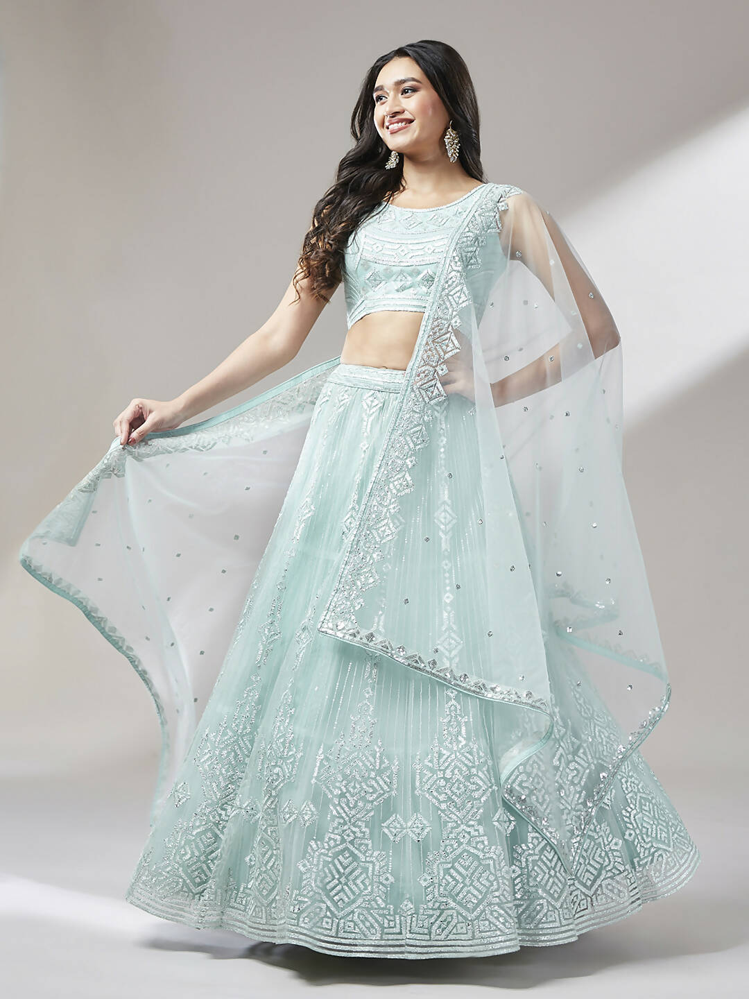 House of Panchhi Turquoise Blue Net Gotapatti Work Lehenga & Blouse, Dupatta | Swadesiicart