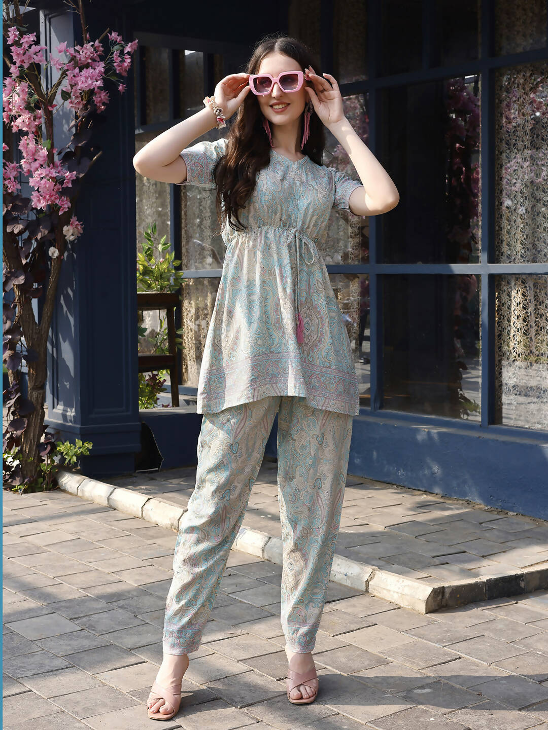Sky Blue Rayon Paisley & Floral Printed Top with Matching Bottom - Eesha - Swadesiicart