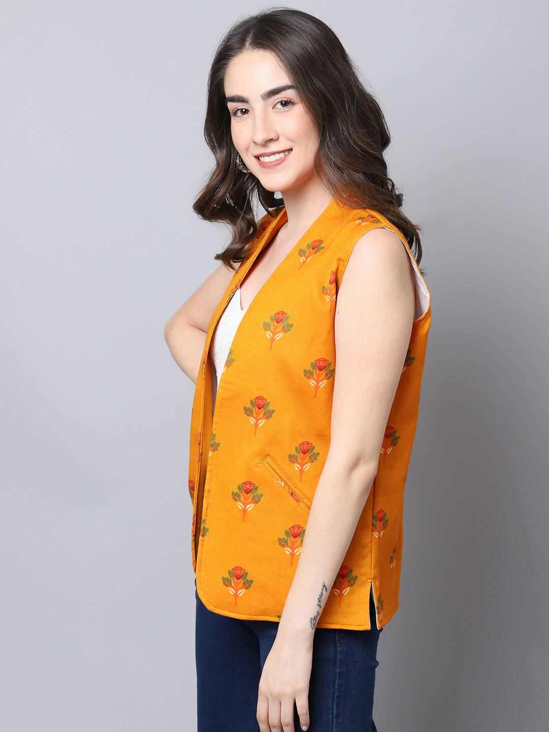 Even Apparels Yellow 100% Viscose Rayon Open Front Gillet (BF009) | Swadesiicart