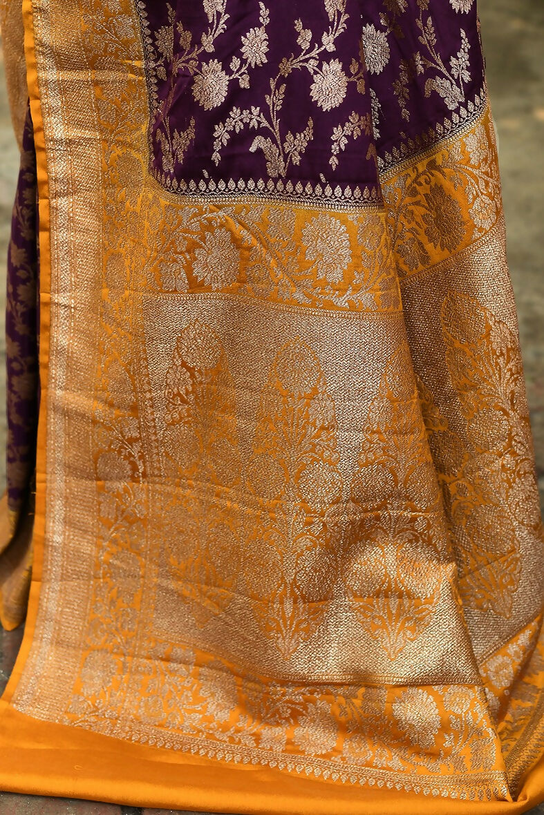 Joban Fashion Purple Crepe Chiffon Pure Handloom Banarasi Silk Saree | Swadesiicart
