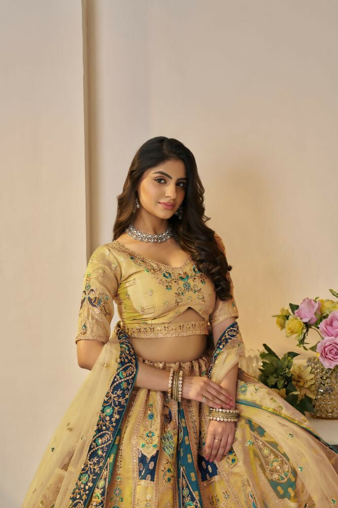 Kesar Fab Yellow Banarasi Silk Embroidered Lehenga | Swadesiicart