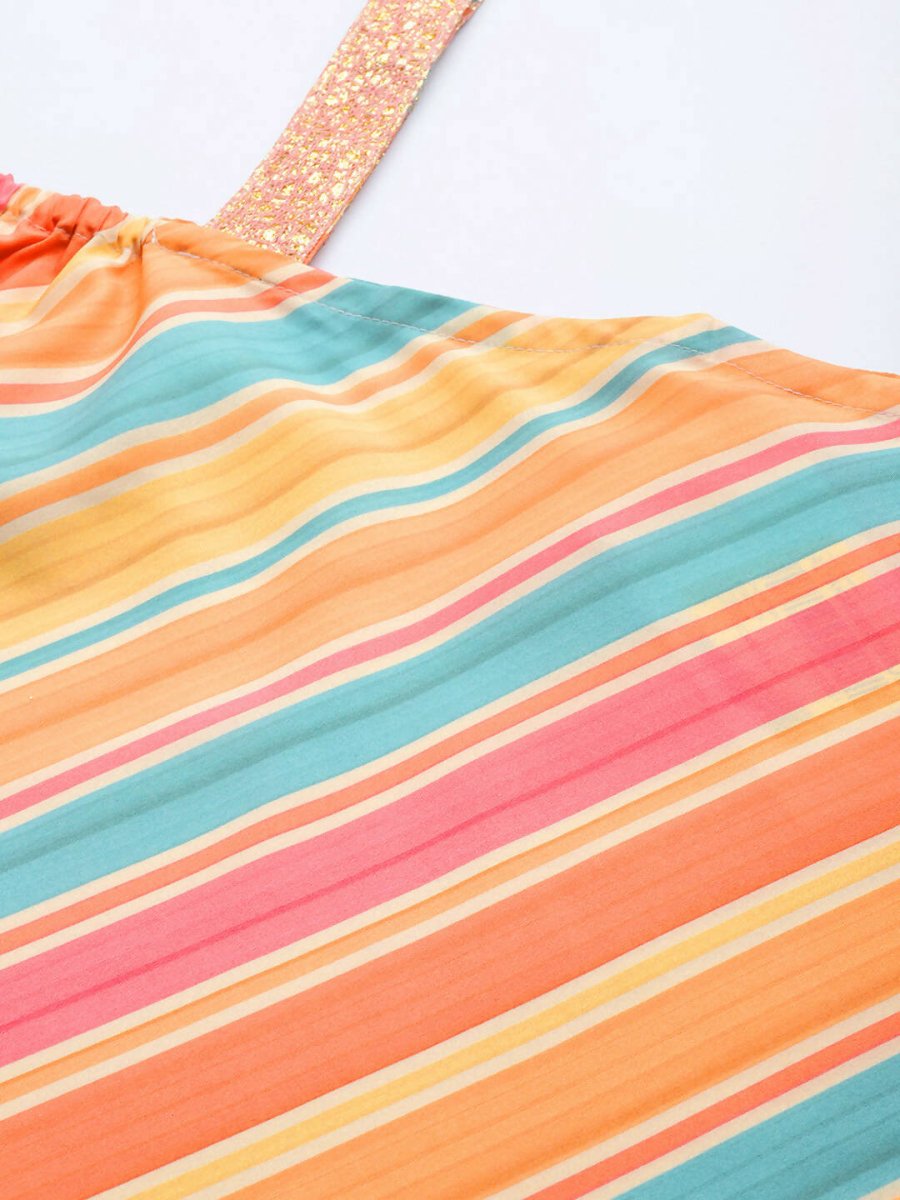 Ahalyaa Peach-Coloured & Blue Printed Striped Asymmetric Taselled Kaftan Kurta Palazzos | Swadesiicart