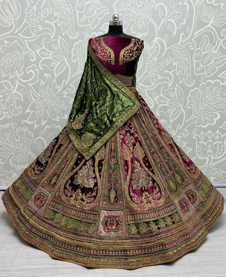 Jyoti Fashion Women's Purple Velvet Fancy Patch, Multi Thread Embroidered, Zircon Diamond, Sequins Work Wedding Lehenga Choli | Swadesiicart