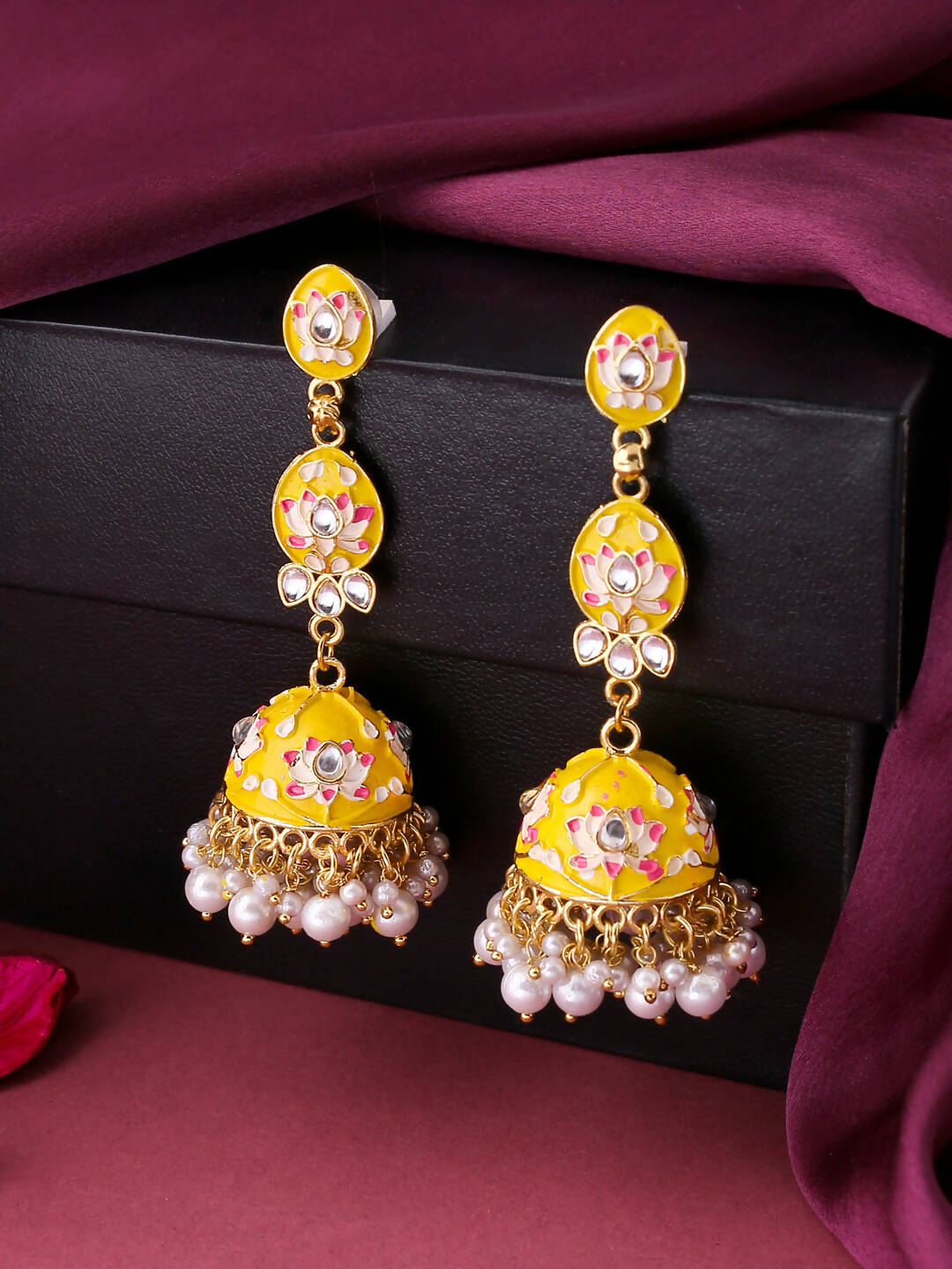 NVR Women Gold-Polished Yellow Jhumkas Earrings | Swadesiicart