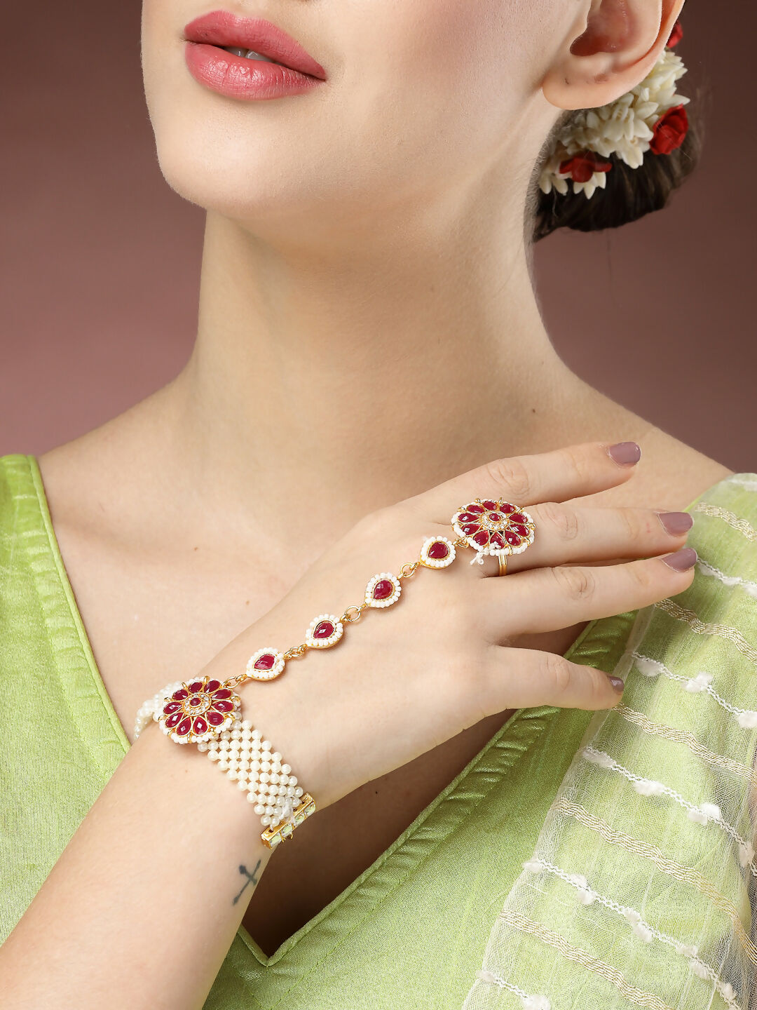NVR Women's Red Gold-Polished Stone Studded Handcrafted Ring Bracelet - Swadesiicart