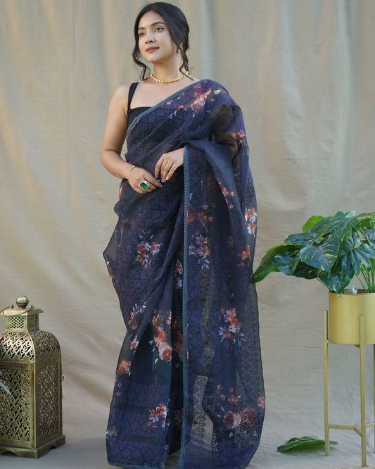 Vamsee Nitya Navy Blue Organza Saree - Swadesiicart
