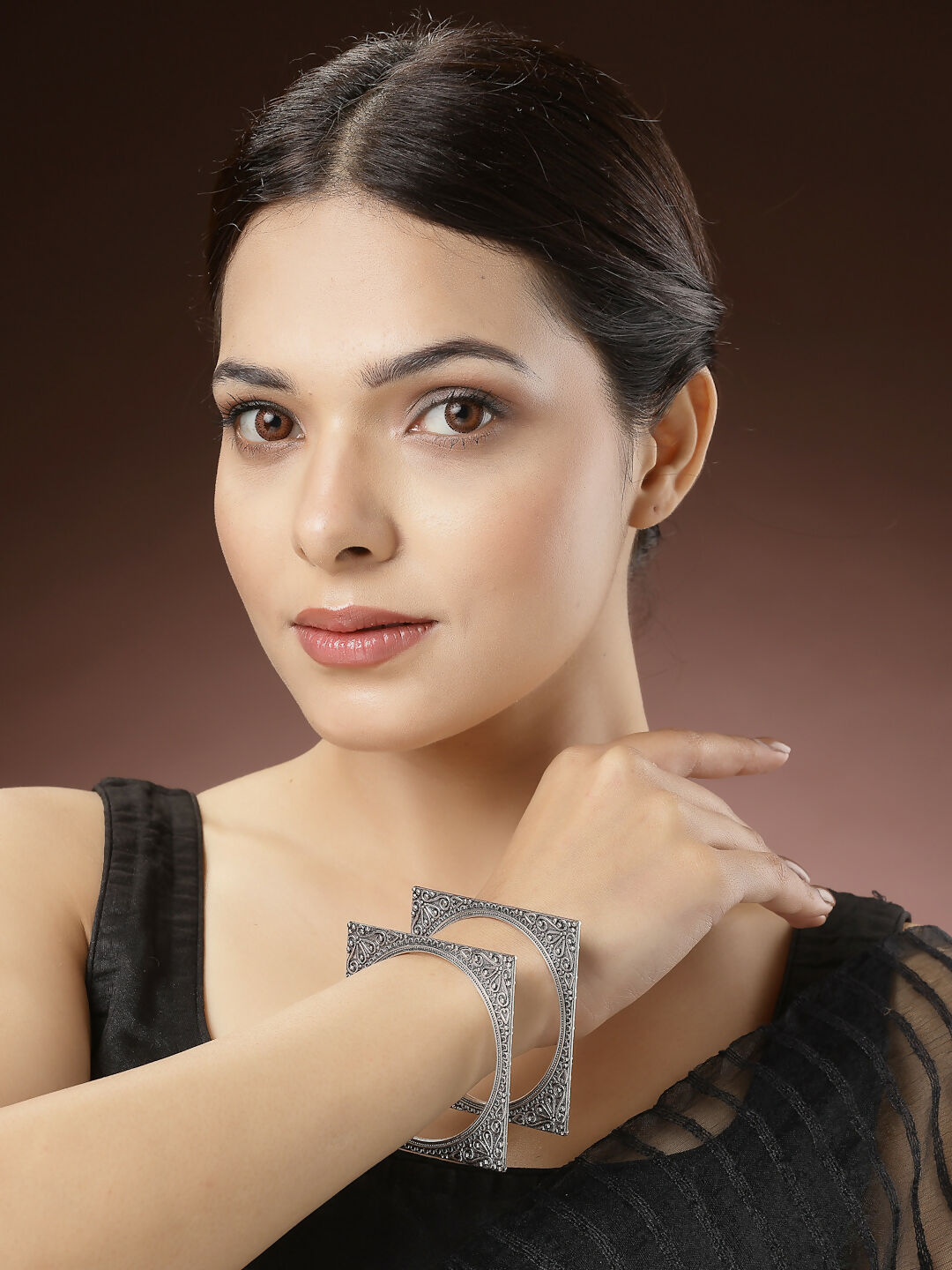 NVR Women's Set of 2 Silver-Toned Oxidized Square Shaped Bangles - Swadesiicart