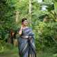 Vishnu Weaves Women's Grey Raw Silk Checks Zari Woven Saree with Unstitched Blouse - Swadesiicart
