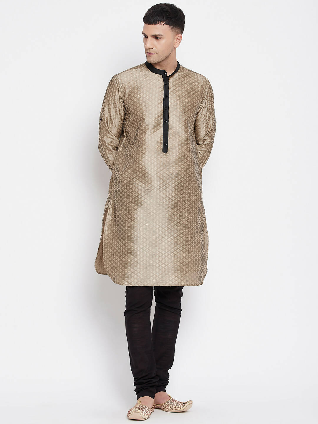 Even Apparels Beige Art Silk Men's Kurta With Contrast Collar And Placket | Swadesiicart