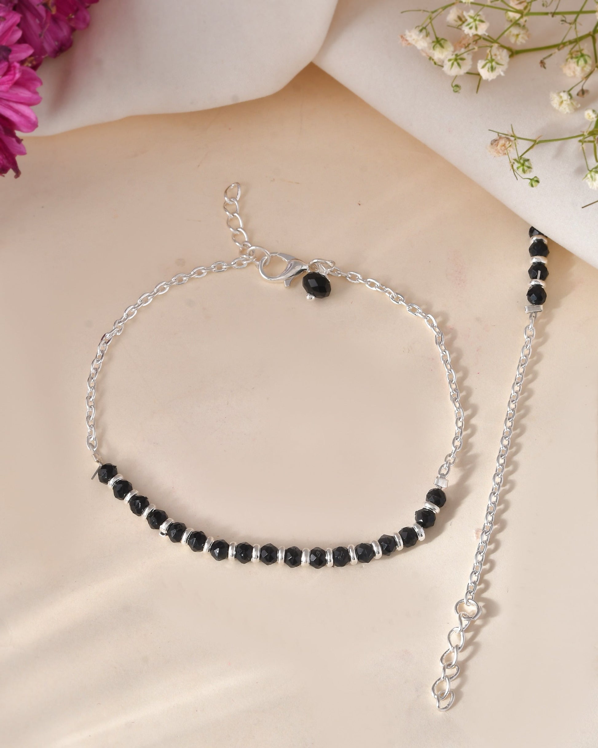 Jewels Nest Elegant Silver-Plated Black Bead Anklet – Traditional & Trendy | Swadesiicart