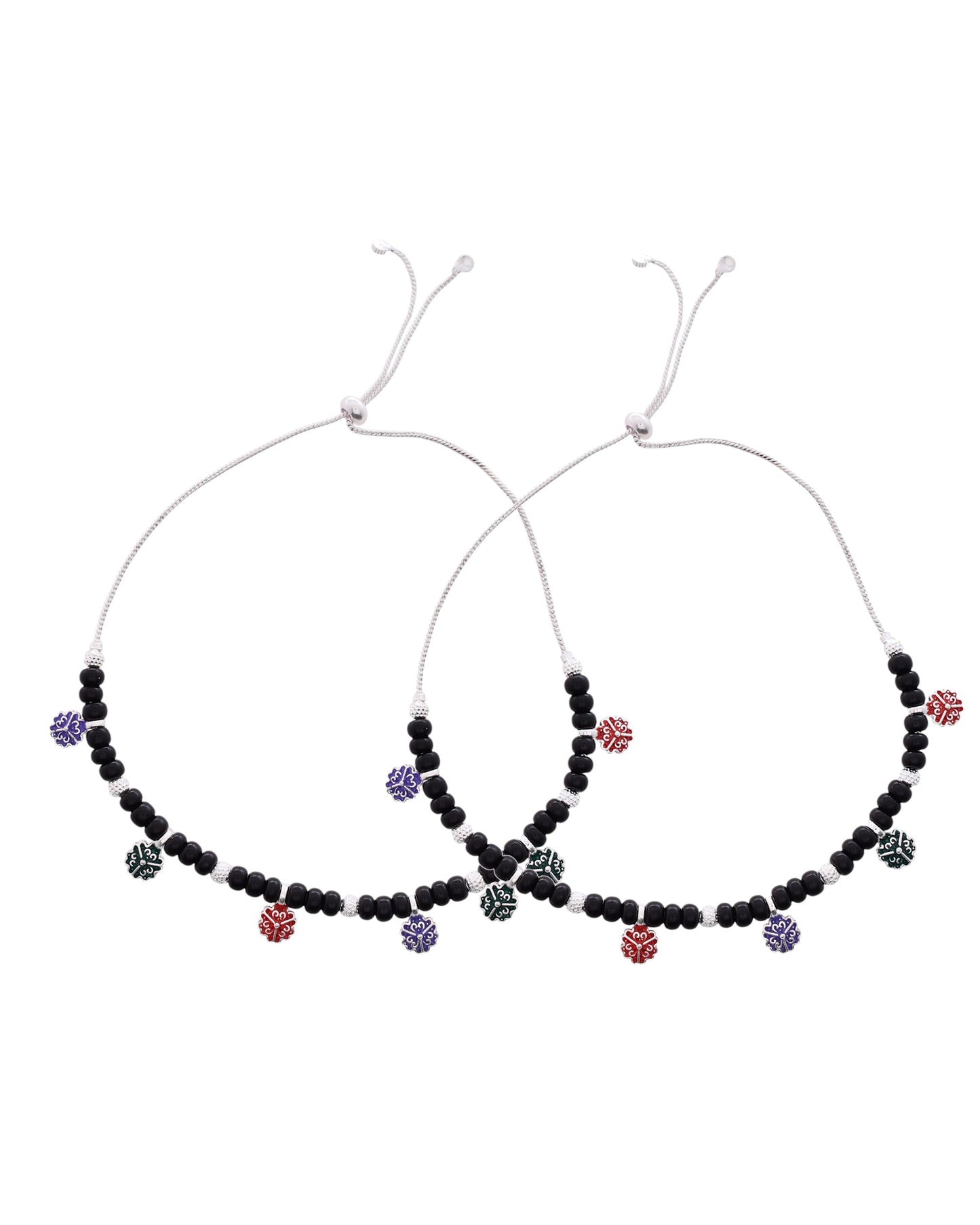 Jewels Nest Traditional Silver-Plated Black Beaded Anklet with Floral Charms | Swadesiicart