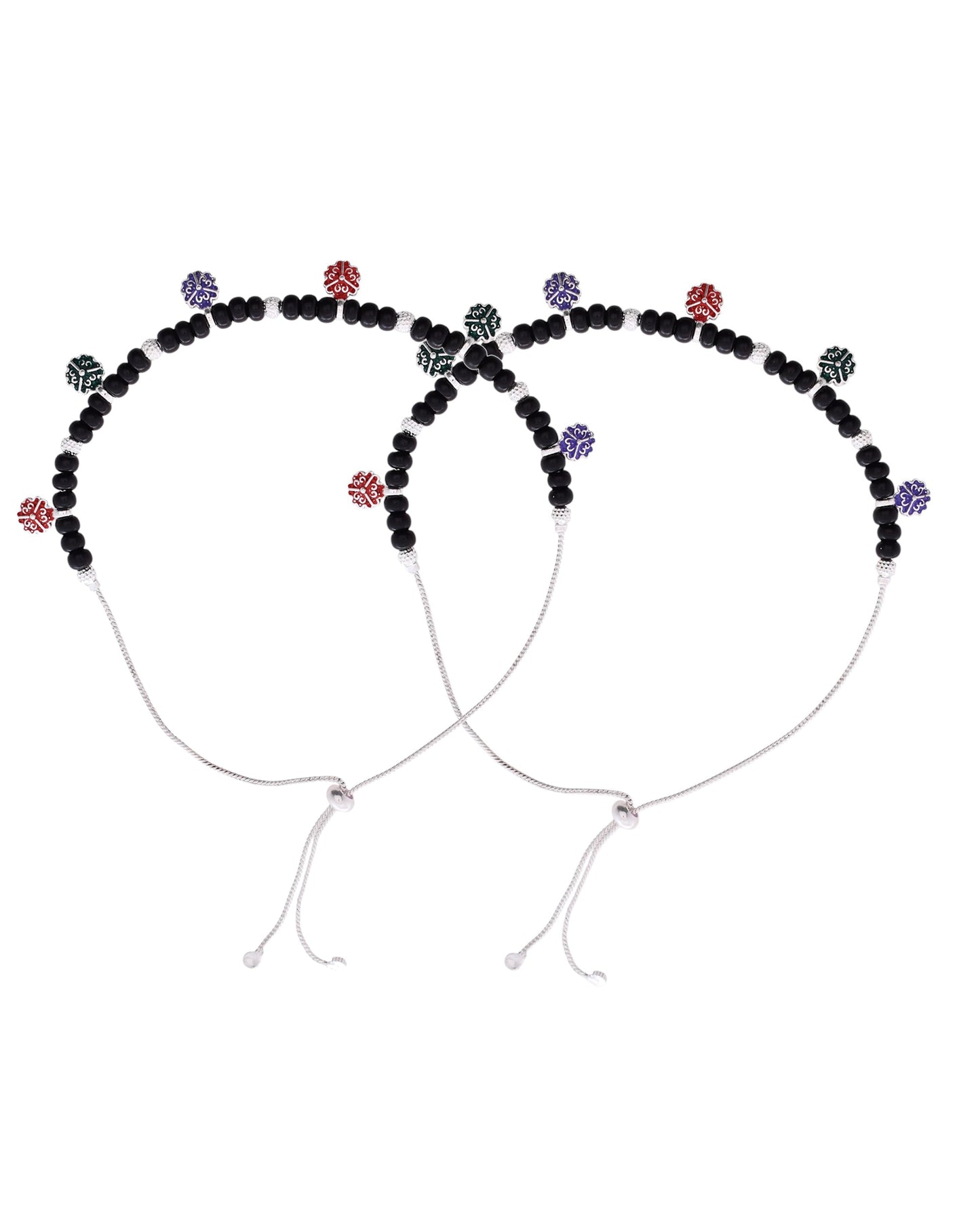 Jewels Nest Traditional Silver-Plated Black Beaded Anklet with Floral Charms | Swadesiicart
