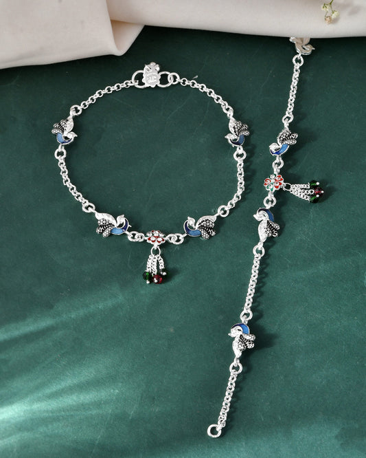 Jewels Nest Elegant Silver-Plated Oxidized Floral Charm Ankle | Swadesiicart