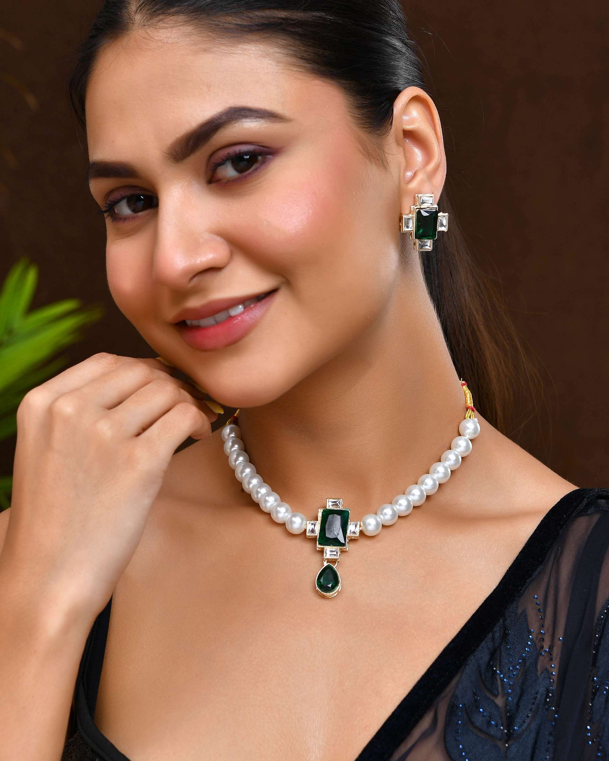 Jewels Nest Kundan Inspired Pearl and Green Stone Bridal Necklace - Swadesiicart