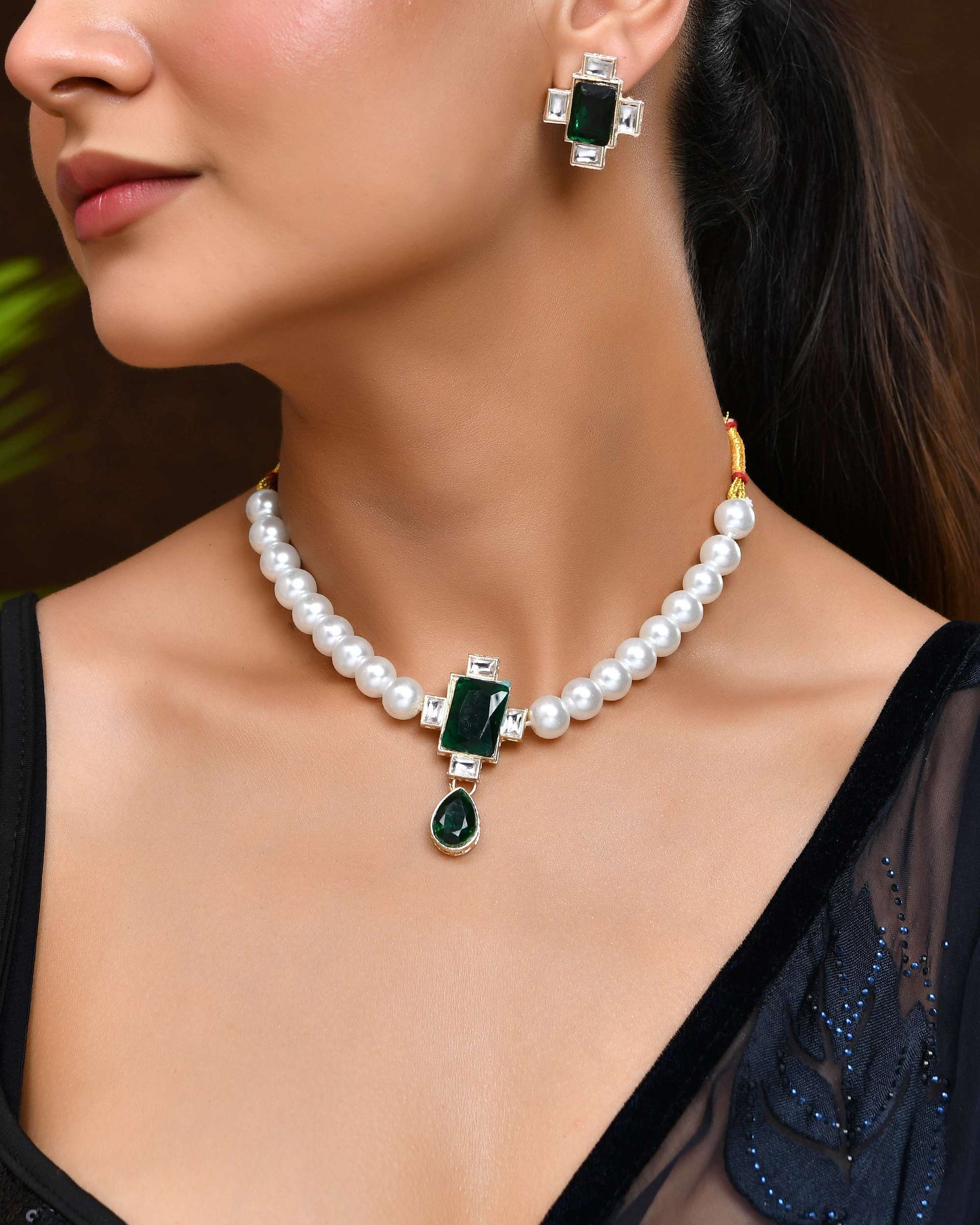 Jewels Nest Kundan Inspired Pearl and Green Stone Bridal Necklace - Swadesiicart