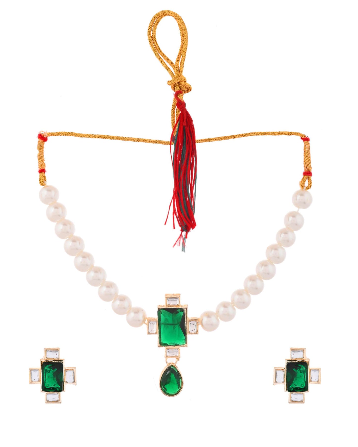 Jewels Nest Kundan Inspired Pearl and Green Stone Bridal Necklace - Swadesiicart