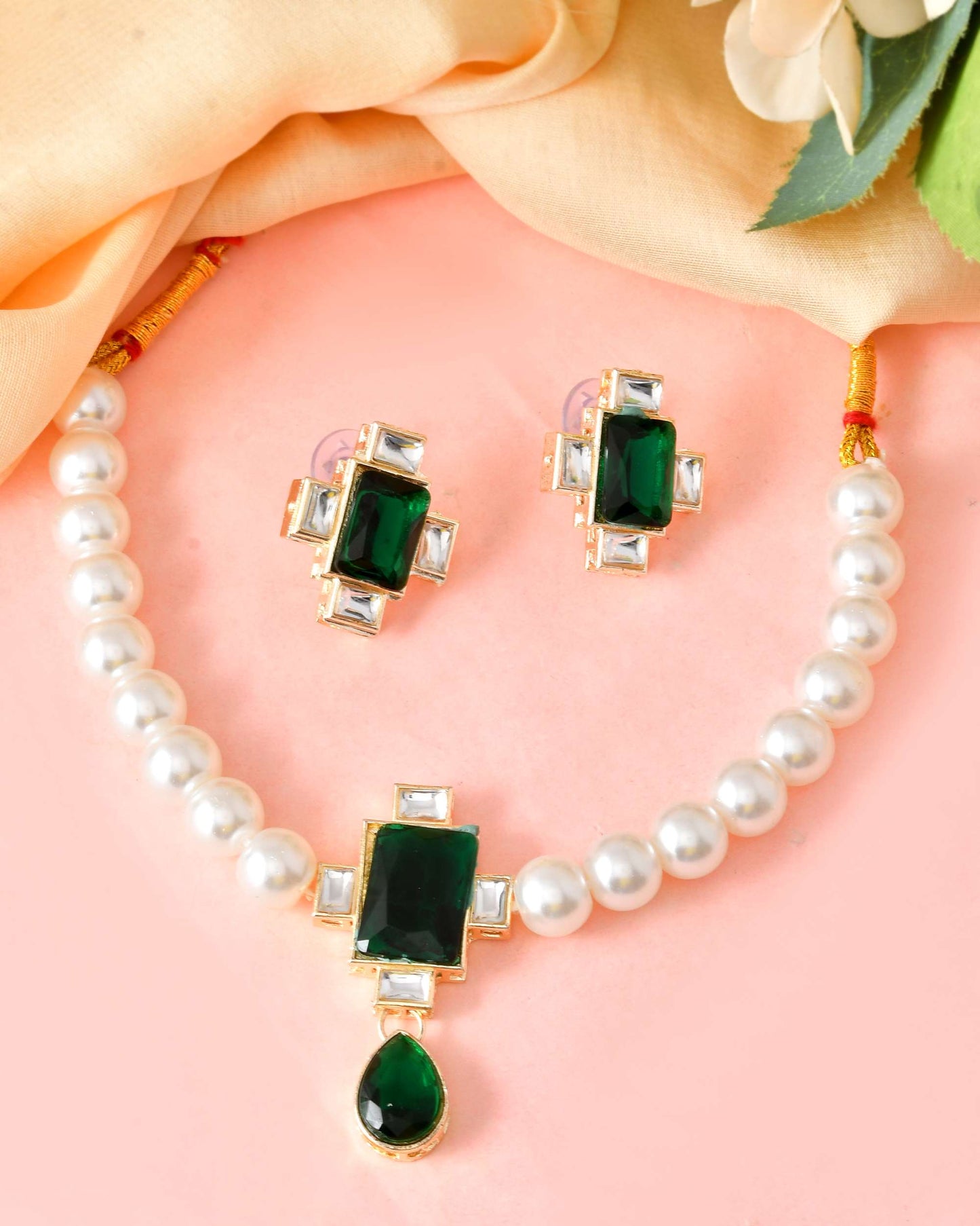 Jewels Nest Kundan Inspired Pearl and Green Stone Bridal Necklace - Swadesiicart