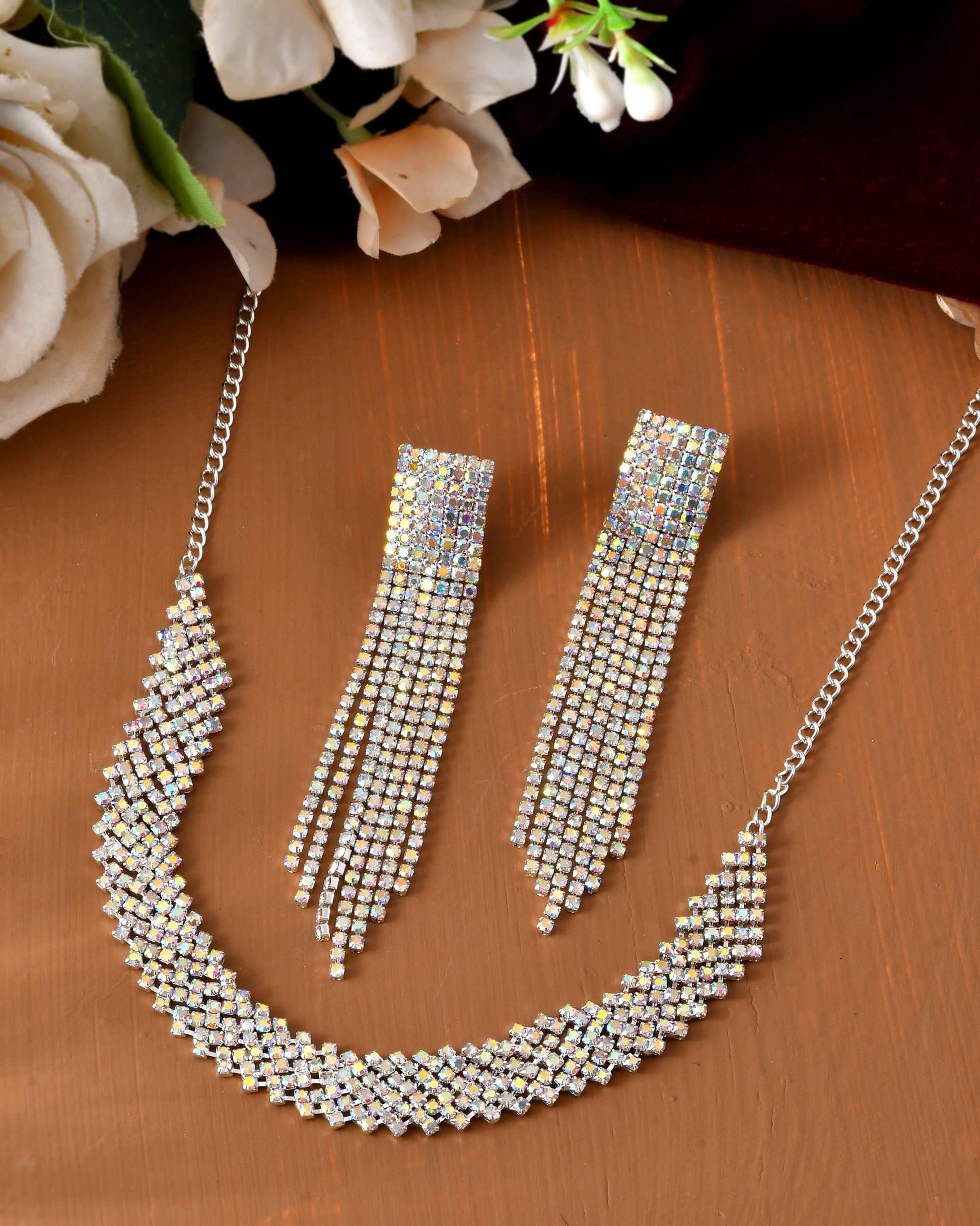 Jewels Nest Silver-Toned Crystal-Studded Multi-Layer Statement Choker - Swadesiicart