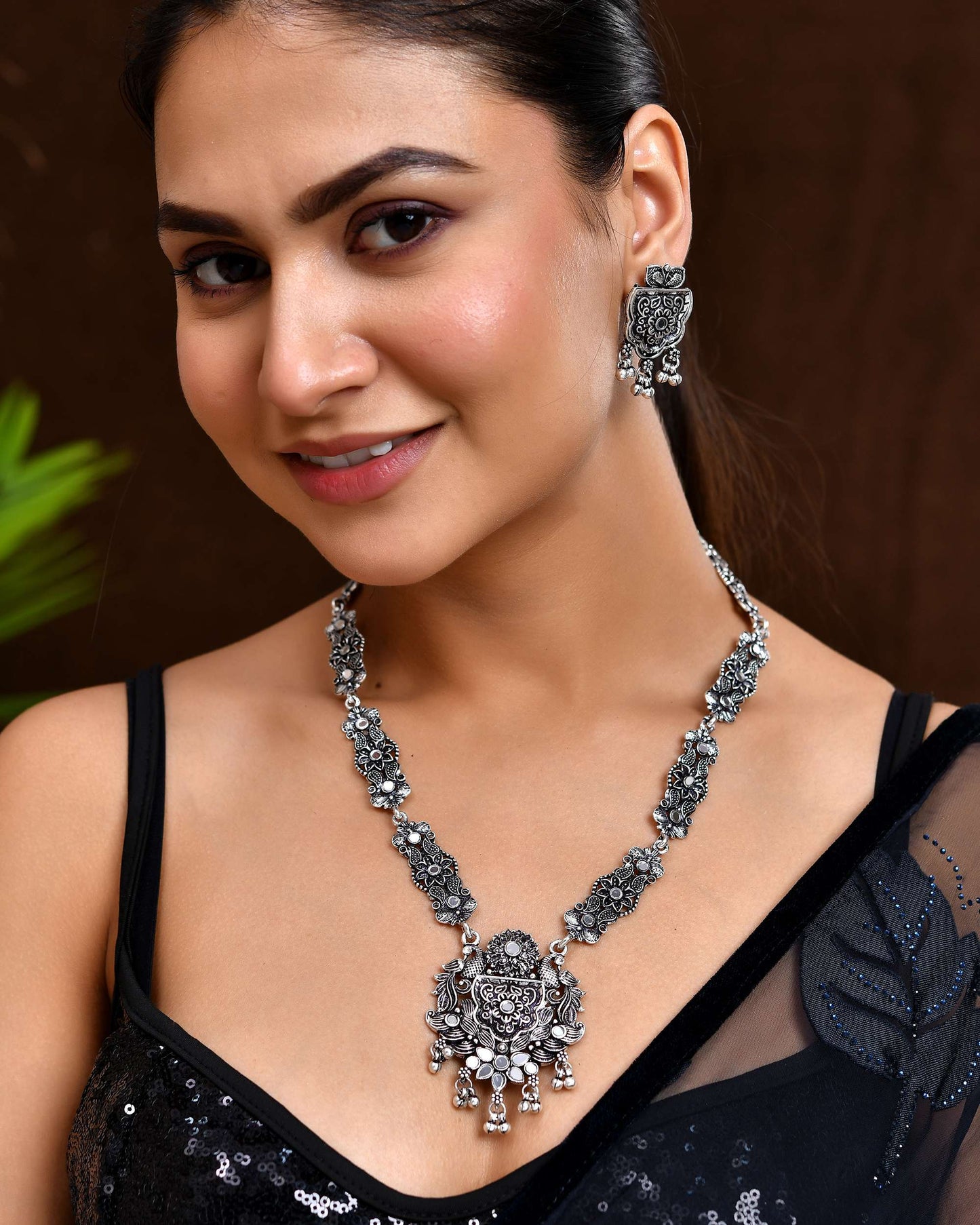 Jewels Nest Floral Oxidised Silver Long Necklace Set with Earrings - Swadesiicart