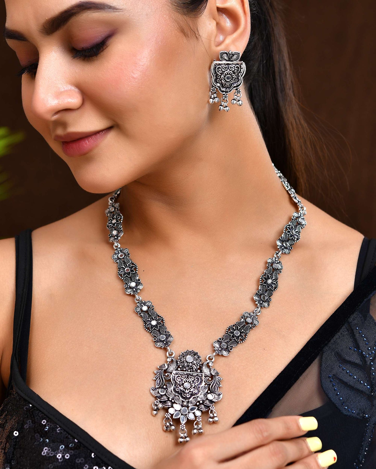 Jewels Nest Floral Oxidised Silver Long Necklace Set with Earrings - Swadesiicart