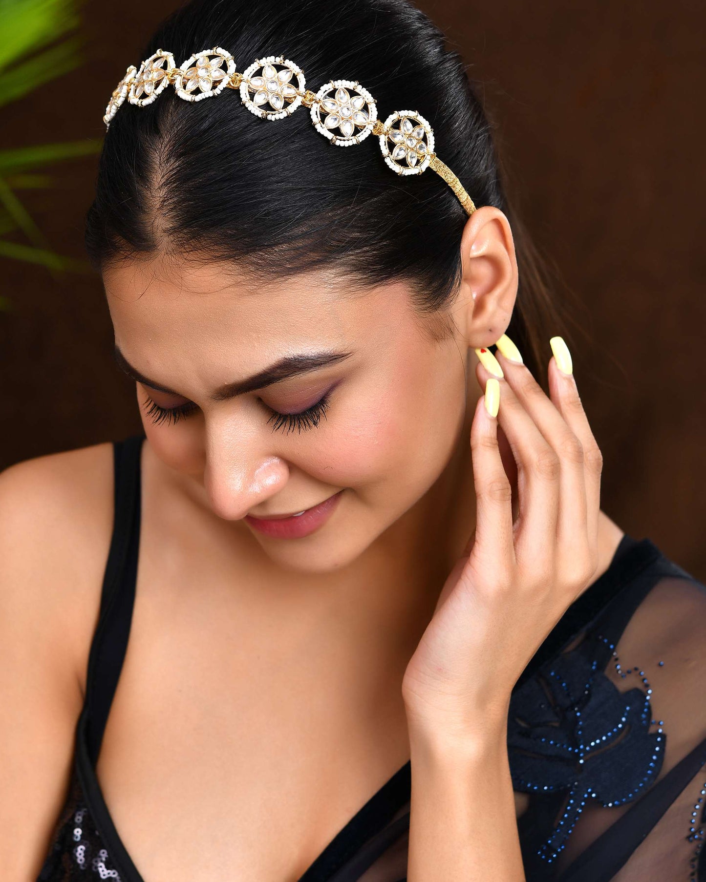 Jewels Nest Gold-Plated Kundan-Style Floral Hairband with Pearl Bead Accents - Swadesiicart