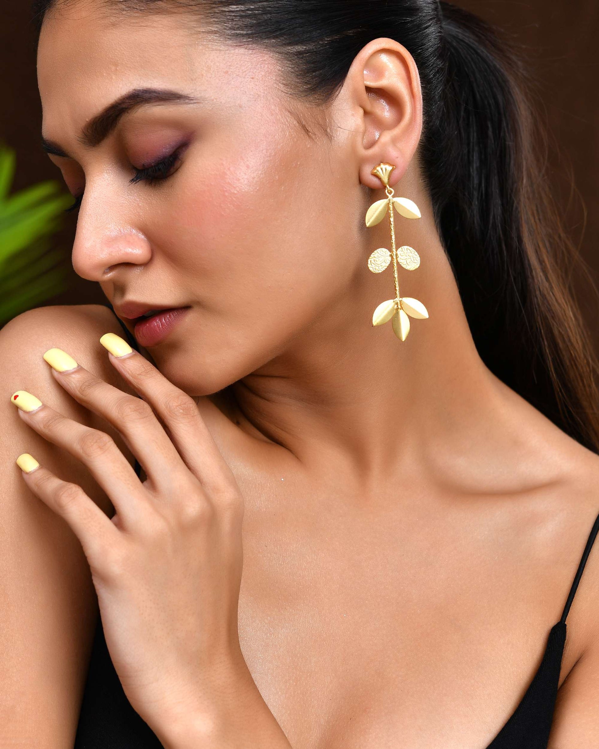 Jewels Nest Leaf & Coin Cascade Earrings | Matte Gold Long Ethnic Dangler Earrings for Women - Swadesiicart