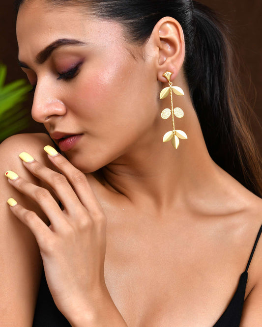 Jewels Nest Leaf & Coin Cascade Earrings | Matte Gold Long Ethnic Dangler Earrings for Women - Swadesiicart