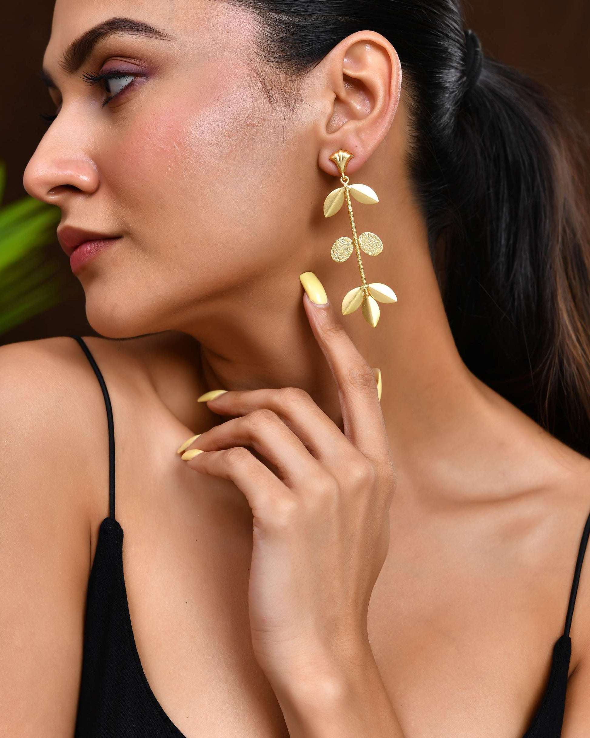 Jewels Nest Leaf & Coin Cascade Earrings | Matte Gold Long Ethnic Dangler Earrings for Women - Swadesiicart