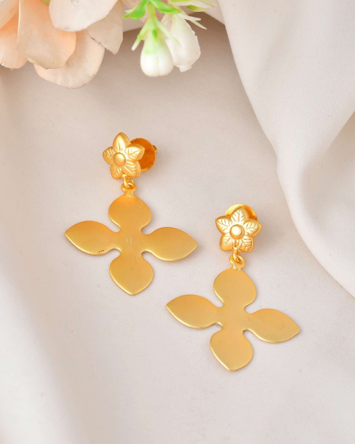 Jewels Nest Floral Bliss Drop Earrings | Elegant Matte Gold Designer Stud Danglers - Swadesiicart
