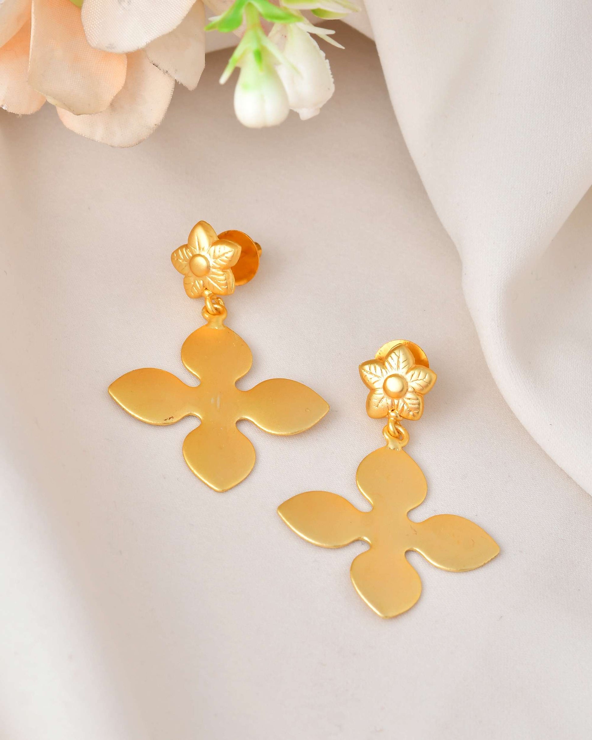 Jewels Nest Floral Bliss Drop Earrings | Elegant Matte Gold Designer Stud Danglers - Swadesiicart
