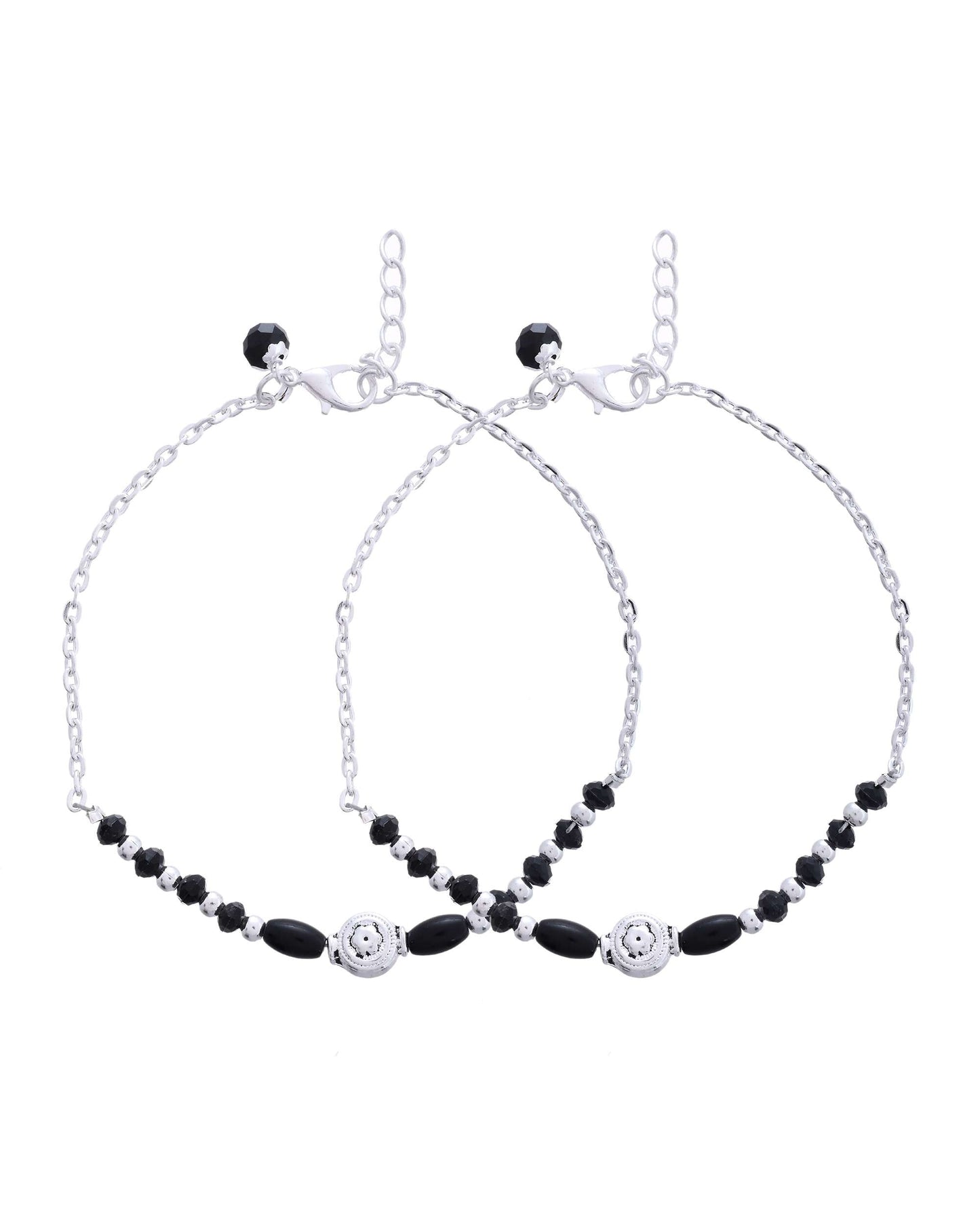 Jewels Nest Set of 2 Silver-Plated Stainless Steel Beaded Anklets with Artificial Black Stones & Floral Charms - Swadesiicart