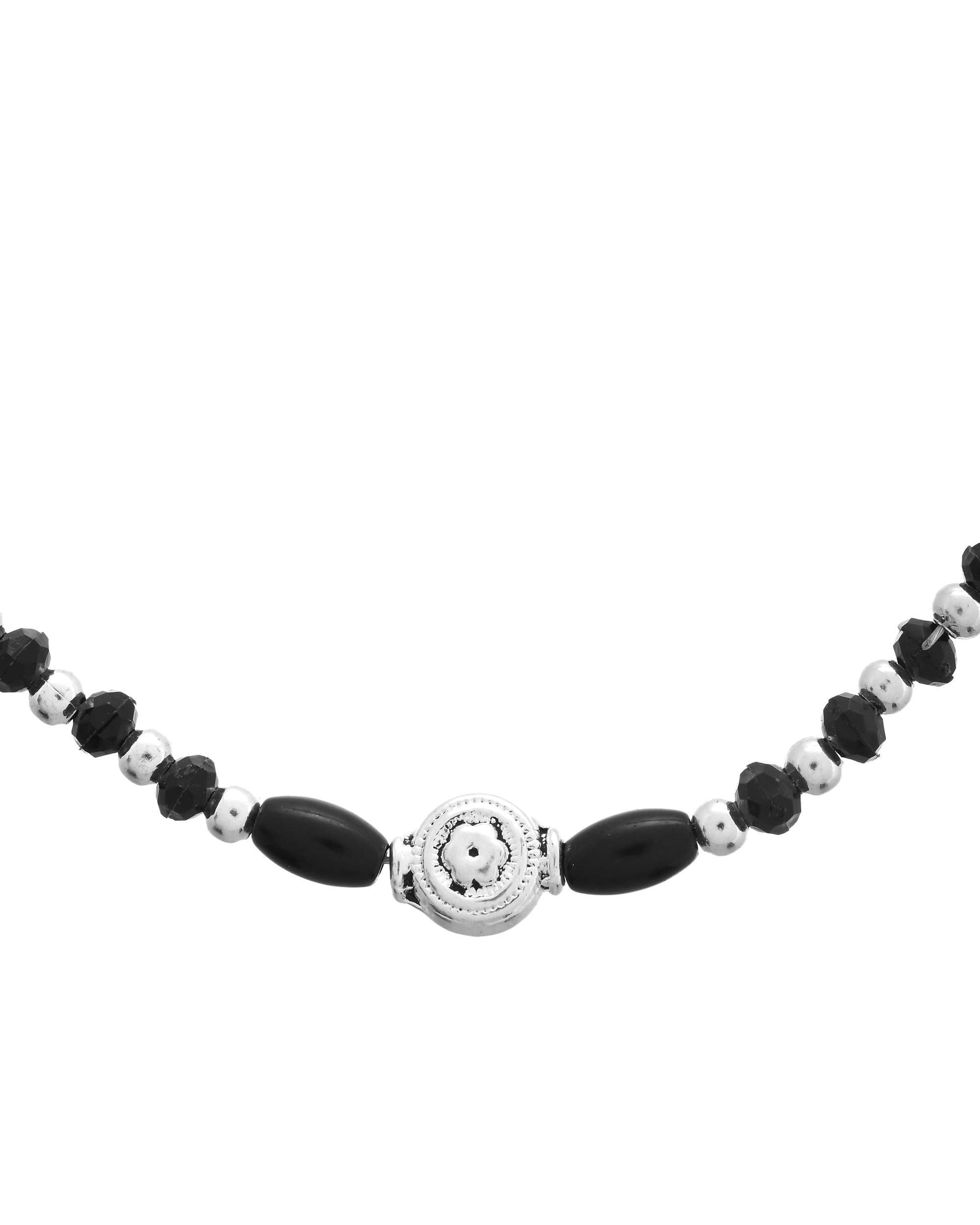Jewels Nest Set of 2 Silver-Plated Stainless Steel Beaded Anklets with Artificial Black Stones & Floral Charms - Swadesiicart
