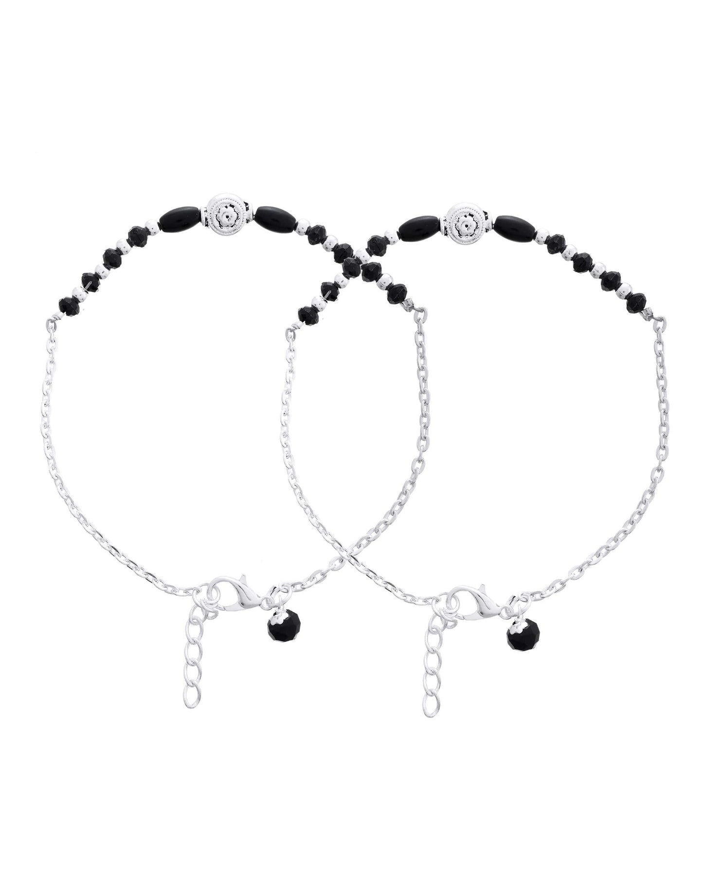 Jewels Nest Set of 2 Silver-Plated Stainless Steel Beaded Anklets with Artificial Black Stones & Floral Charms - Swadesiicart