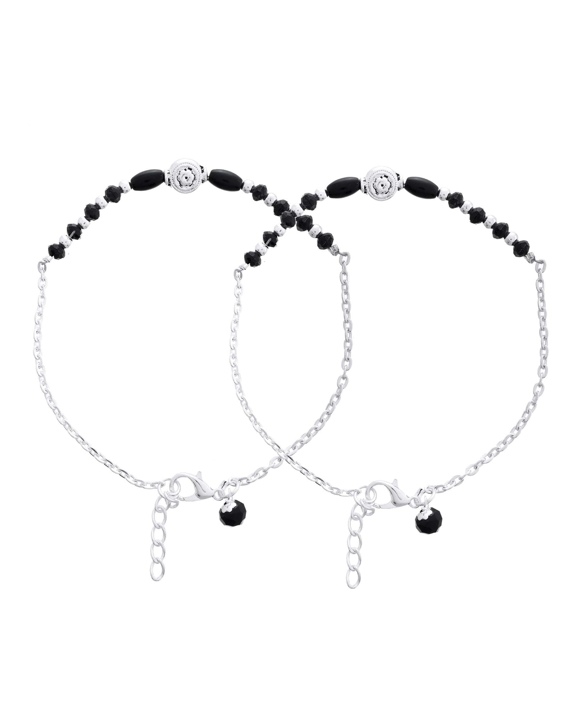 Jewels Nest Set of 2 Silver-Plated Stainless Steel Beaded Anklets with Artificial Black Stones & Floral Charms - Swadesiicart