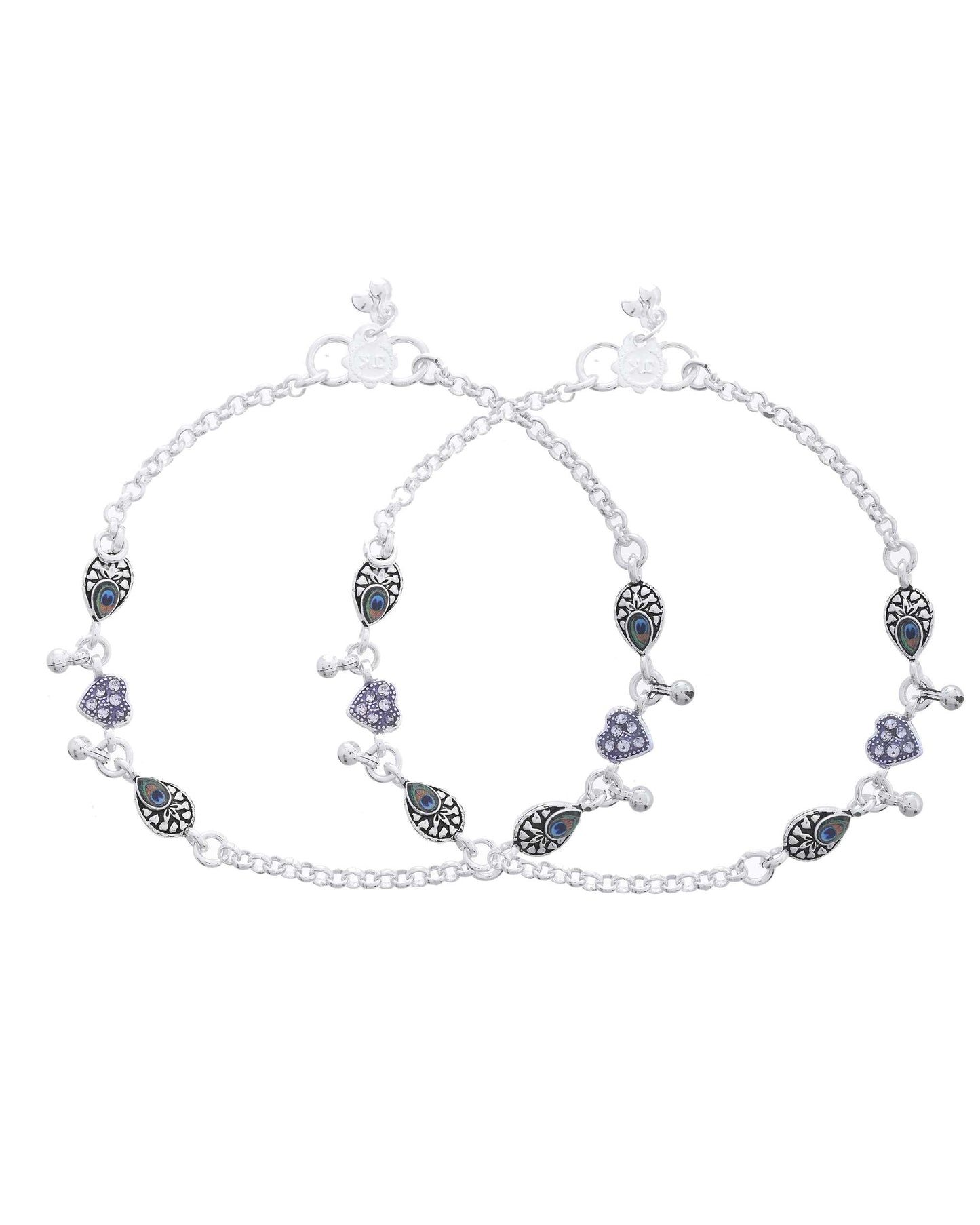Jewels Nest Set of 2 Silver-Plated Stainless Steel Evil Eye & Heart Charm Beaded Anklets - Swadesiicart