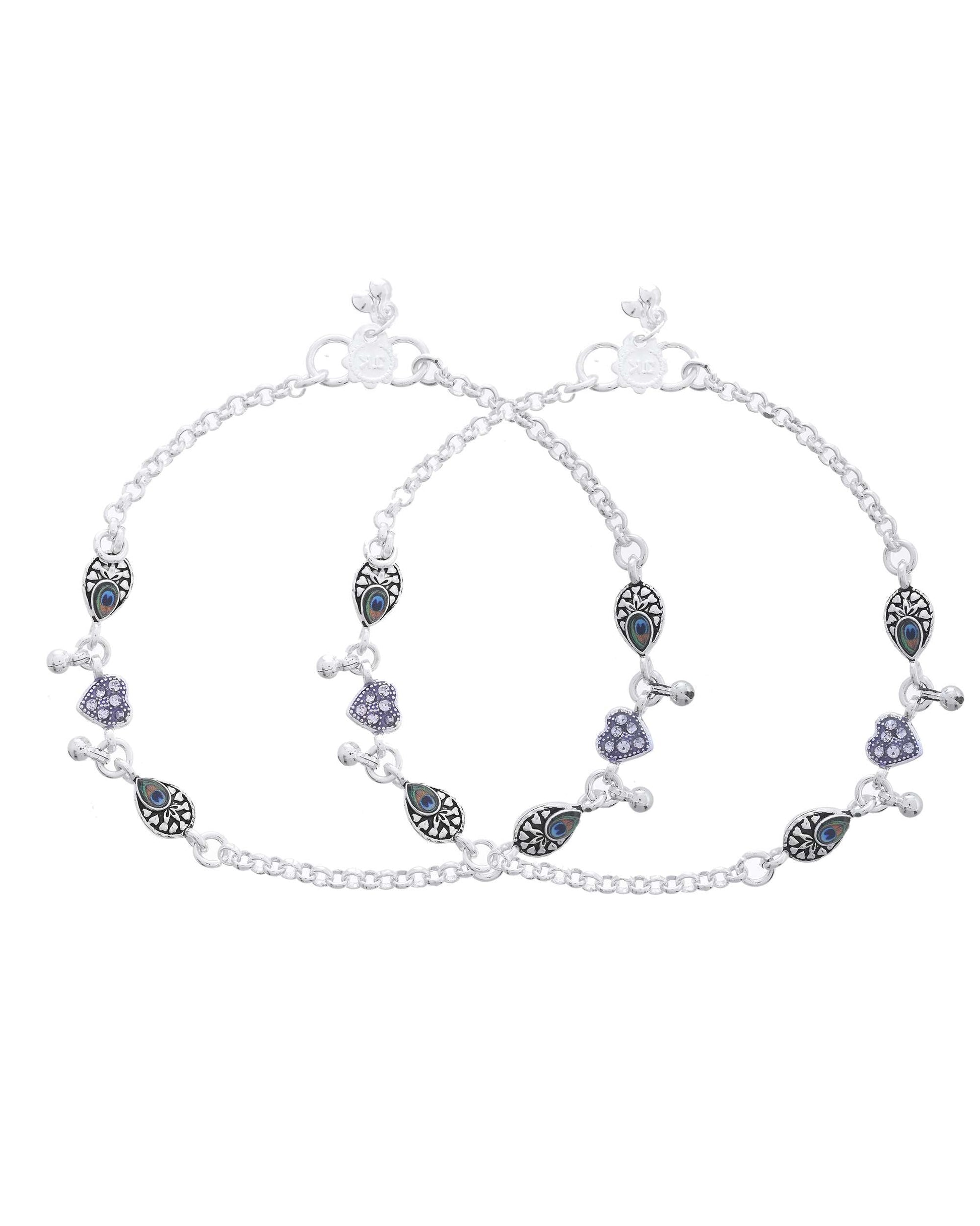 Jewels Nest Set of 2 Silver-Plated Stainless Steel Evil Eye & Heart Charm Beaded Anklets - Swadesiicart