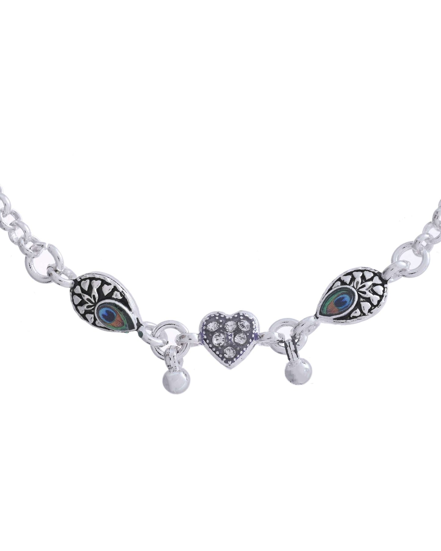Jewels Nest Set of 2 Silver-Plated Stainless Steel Evil Eye & Heart Charm Beaded Anklets - Swadesiicart