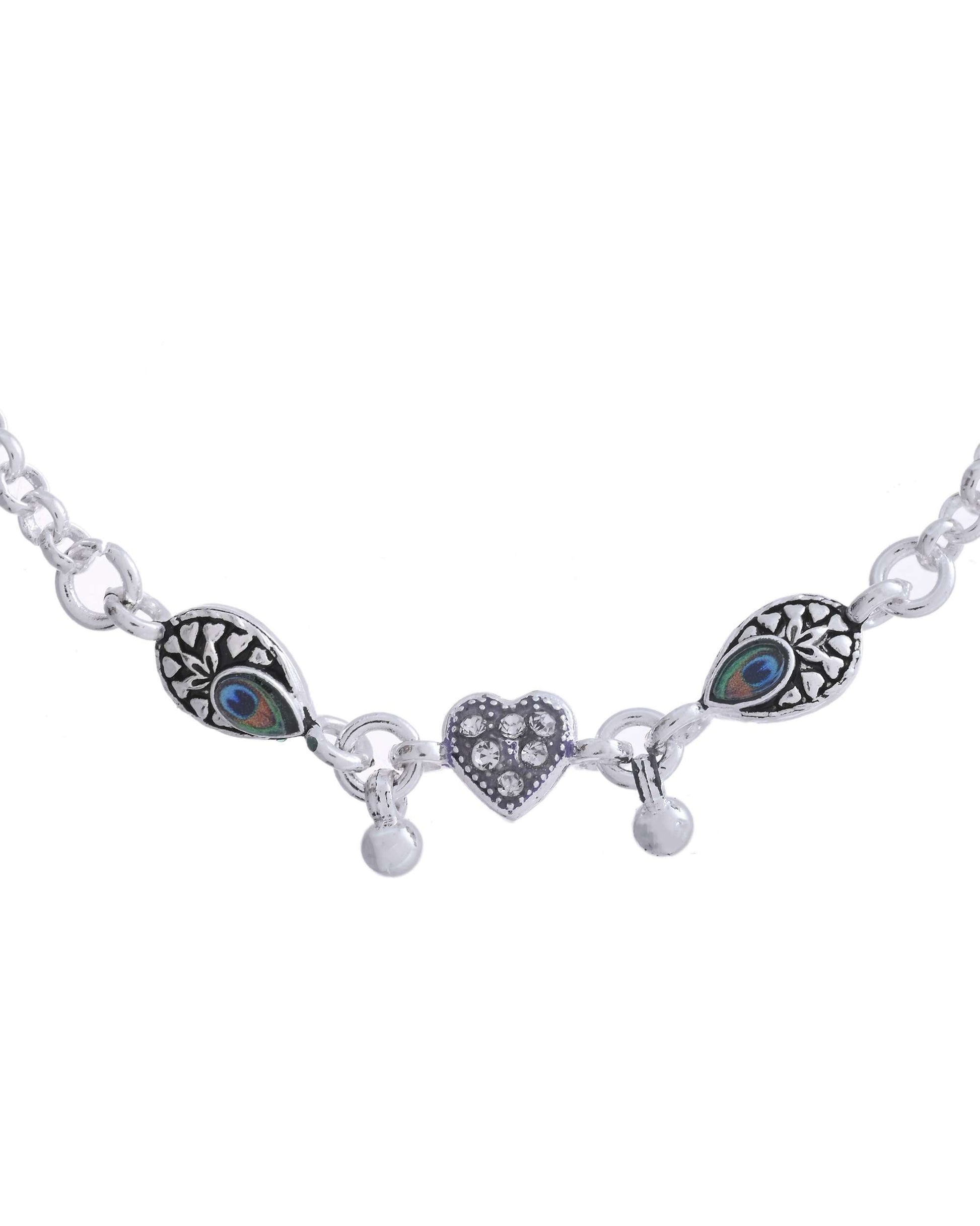 Jewels Nest Set of 2 Silver-Plated Stainless Steel Evil Eye & Heart Charm Beaded Anklets - Swadesiicart