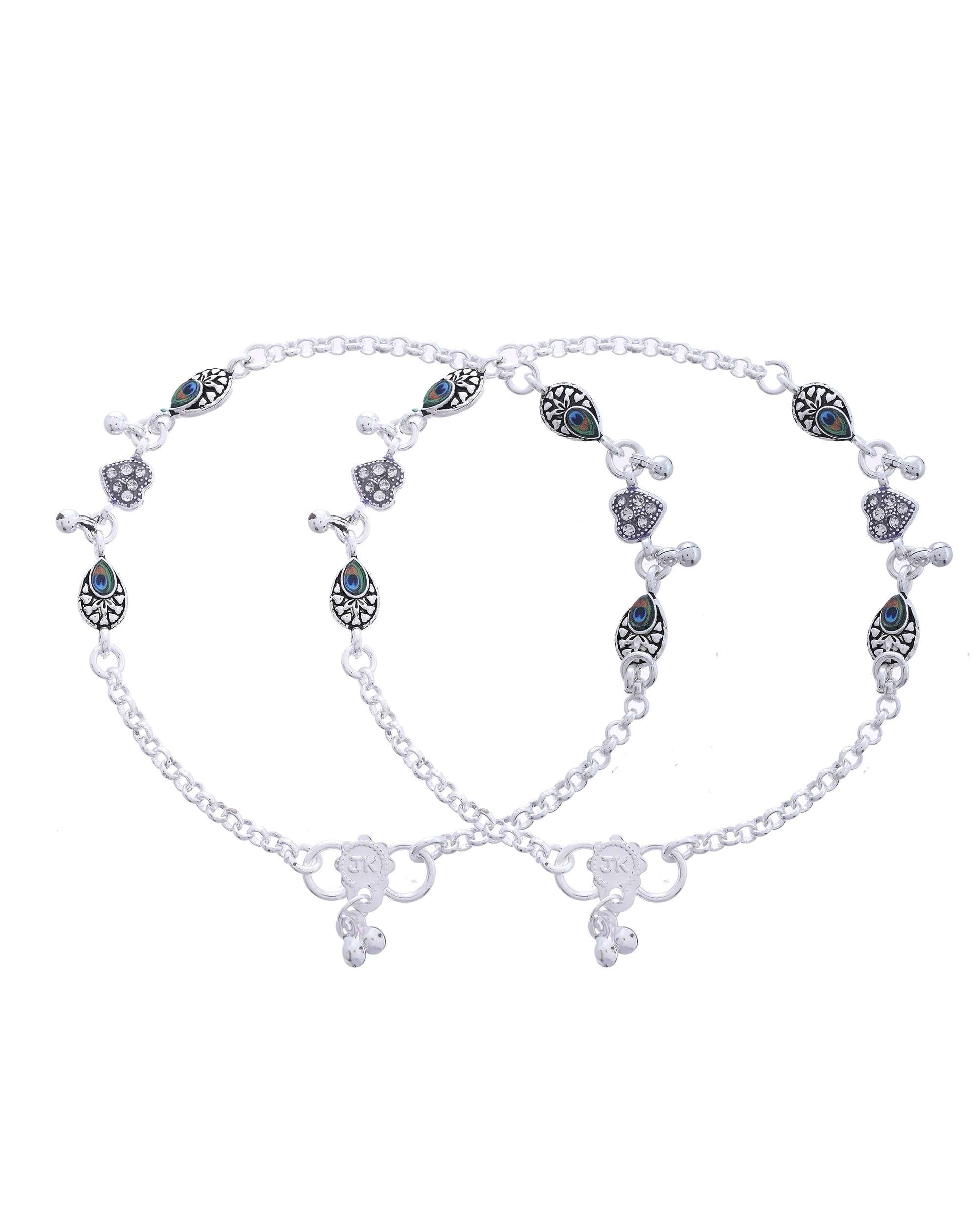 Jewels Nest Set of 2 Silver-Plated Stainless Steel Evil Eye & Heart Charm Beaded Anklets - Swadesiicart