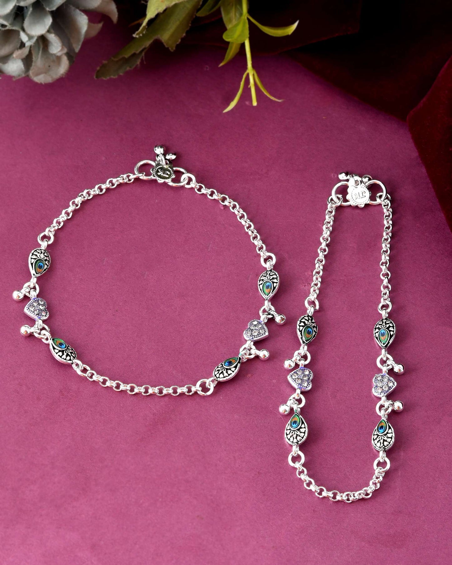 Jewels Nest Set of 2 Silver-Plated Stainless Steel Evil Eye & Heart Charm Beaded Anklets - Swadesiicart