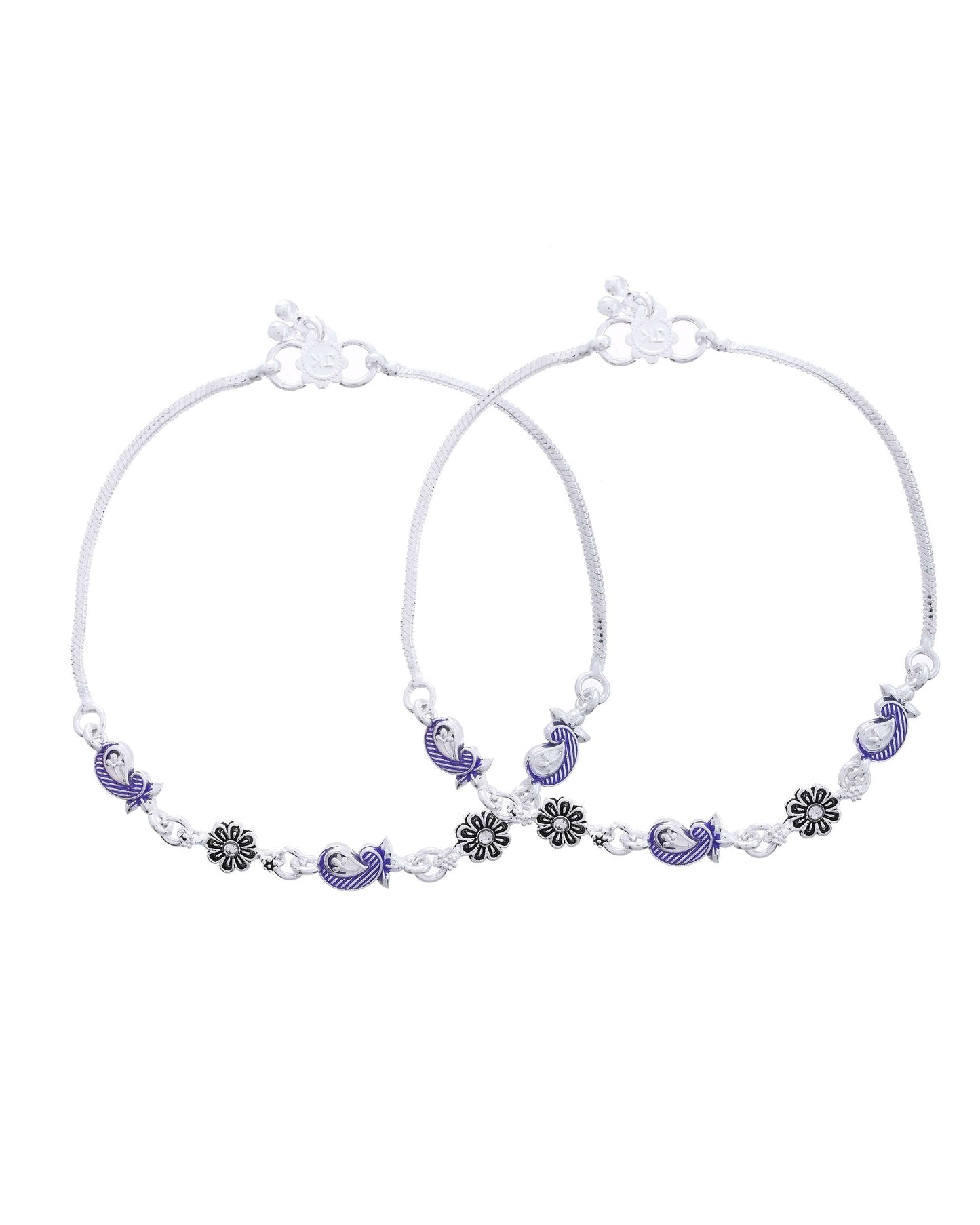 Jewels Nest Set of 2 Silver-Plated Stainless Steel Paisley & Floral Charm Anklets - Swadesiicart