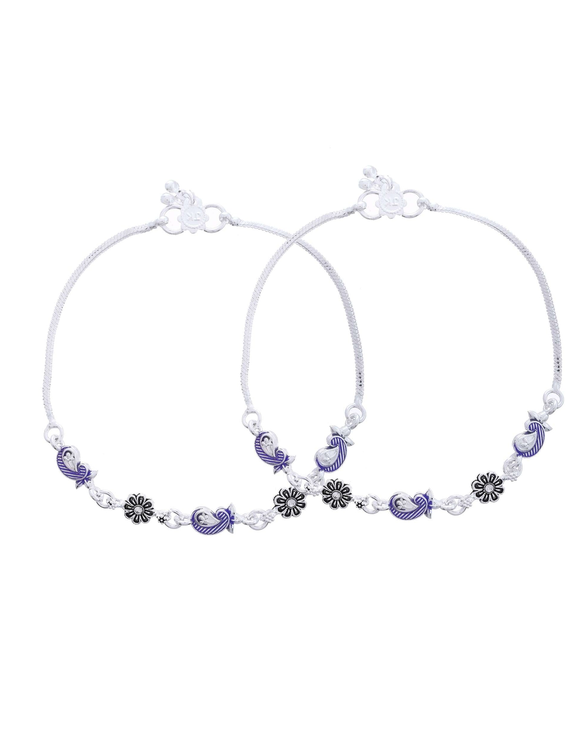 Jewels Nest Set of 2 Silver-Plated Stainless Steel Paisley & Floral Charm Anklets - Swadesiicart