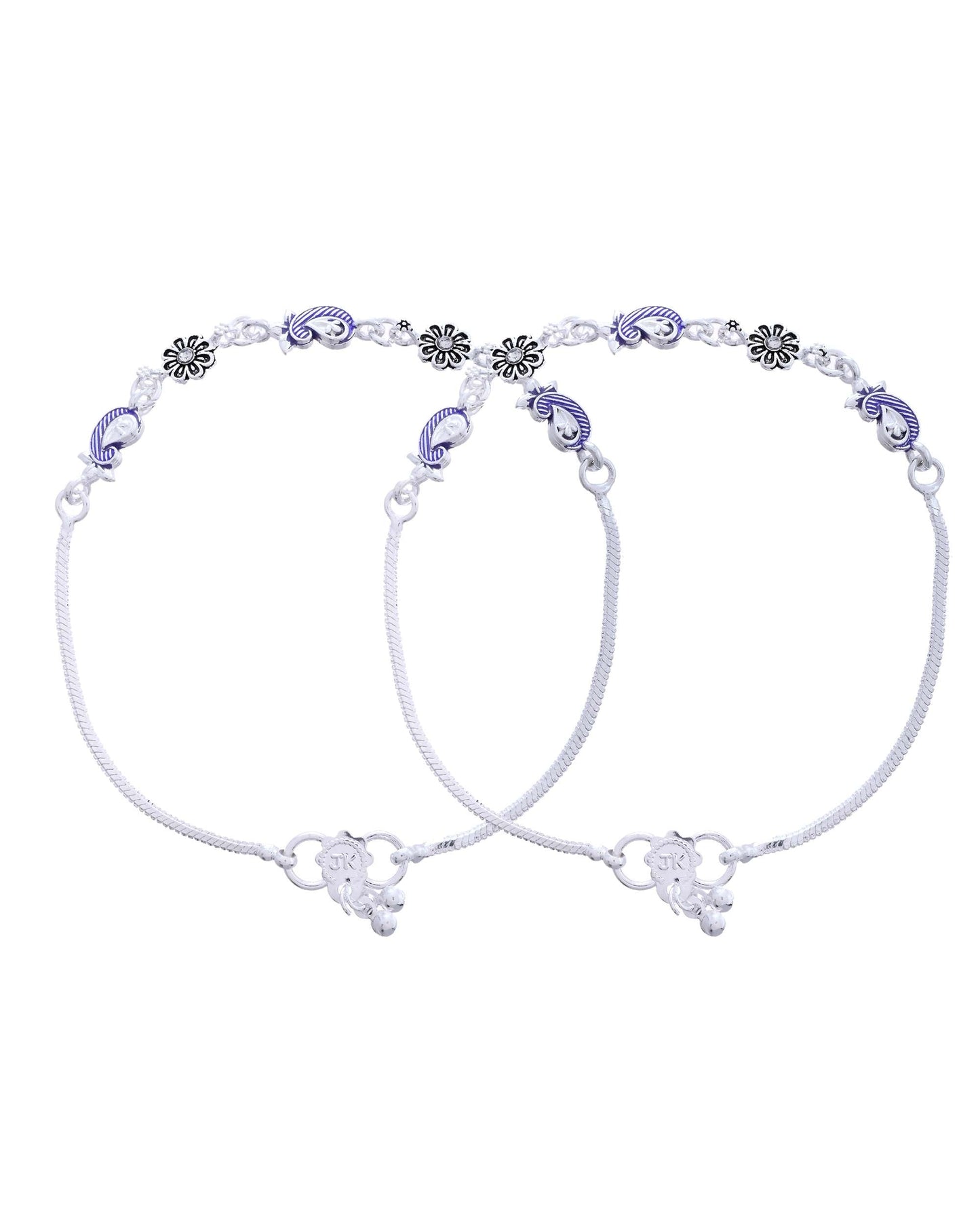 Jewels Nest Set of 2 Silver-Plated Stainless Steel Paisley & Floral Charm Anklets - Swadesiicart