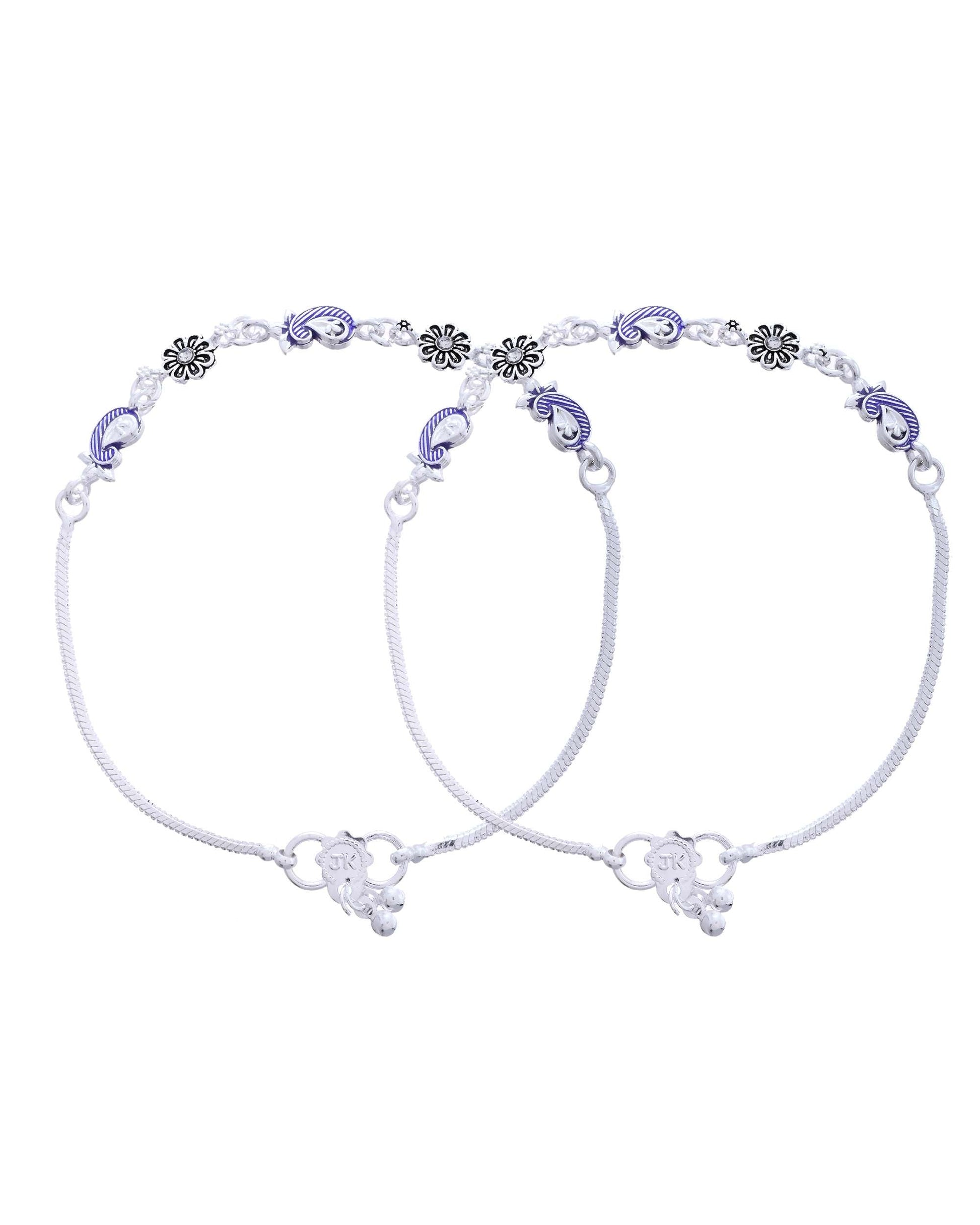 Jewels Nest Set of 2 Silver-Plated Stainless Steel Paisley & Floral Charm Anklets - Swadesiicart