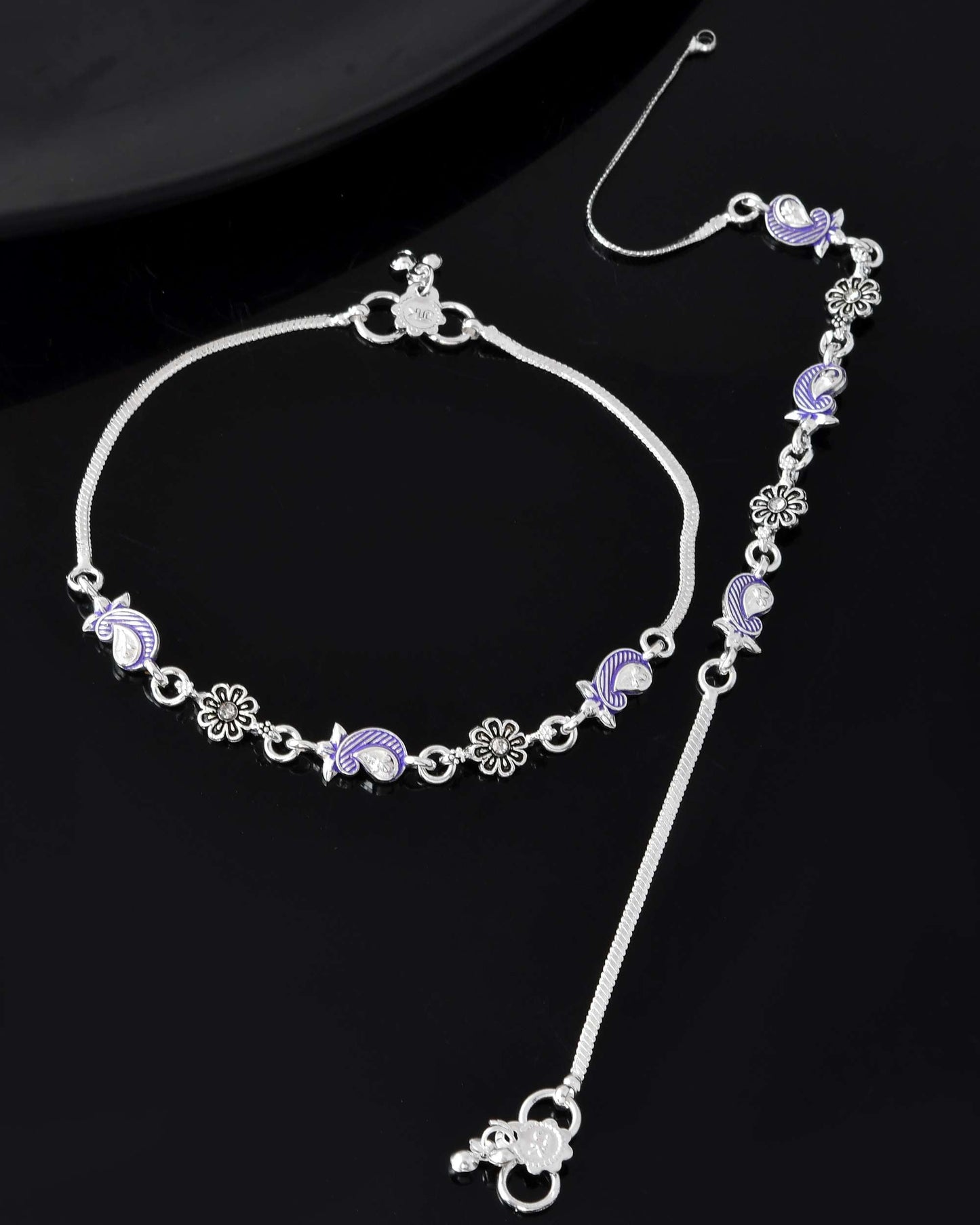 Jewels Nest Set of 2 Silver-Plated Stainless Steel Paisley & Floral Charm Anklets - Swadesiicart