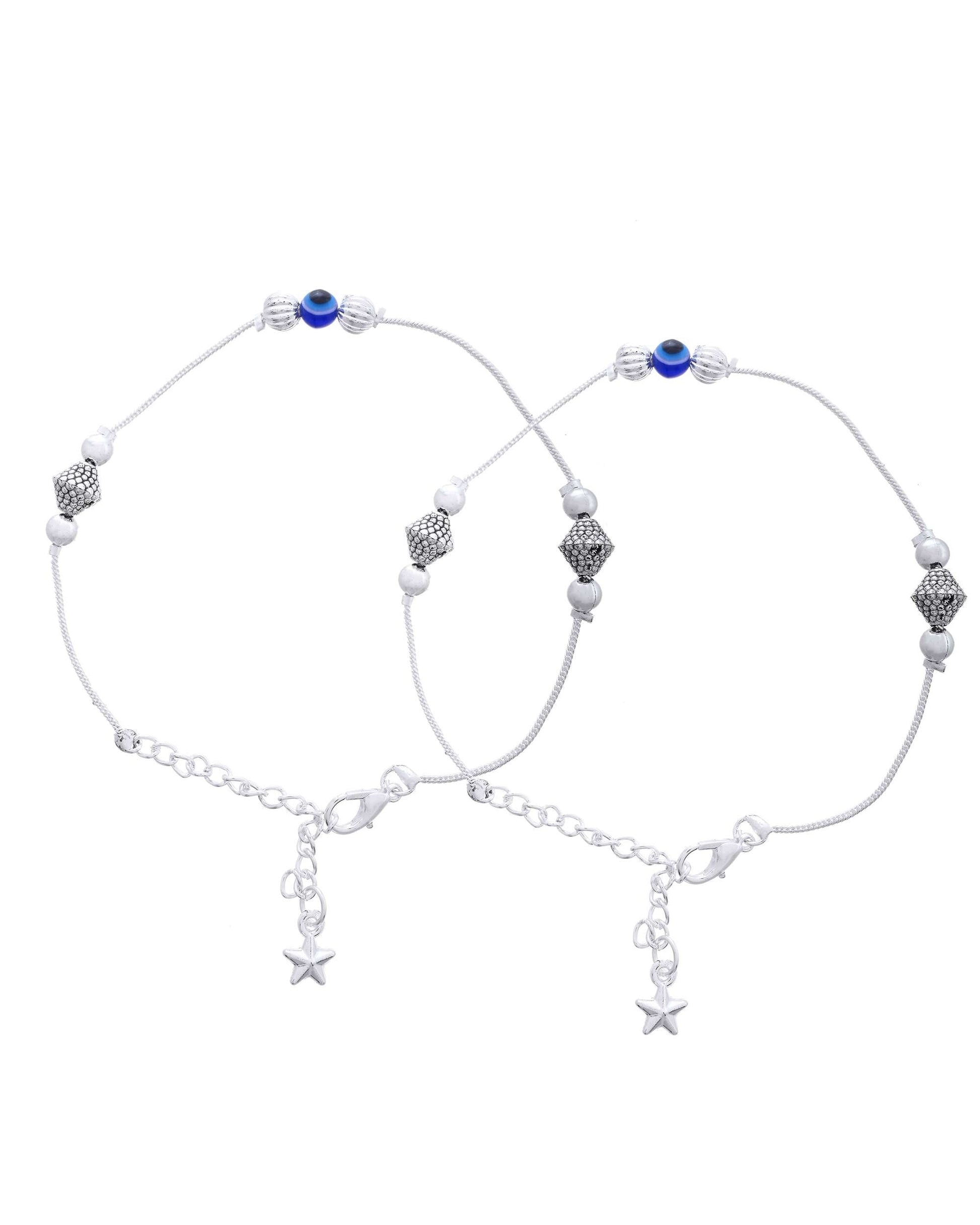 Jewels Nest Silver-Plated Stainless Steel Anklet Set with Evil Eye & Metallic Charms - Swadesiicart