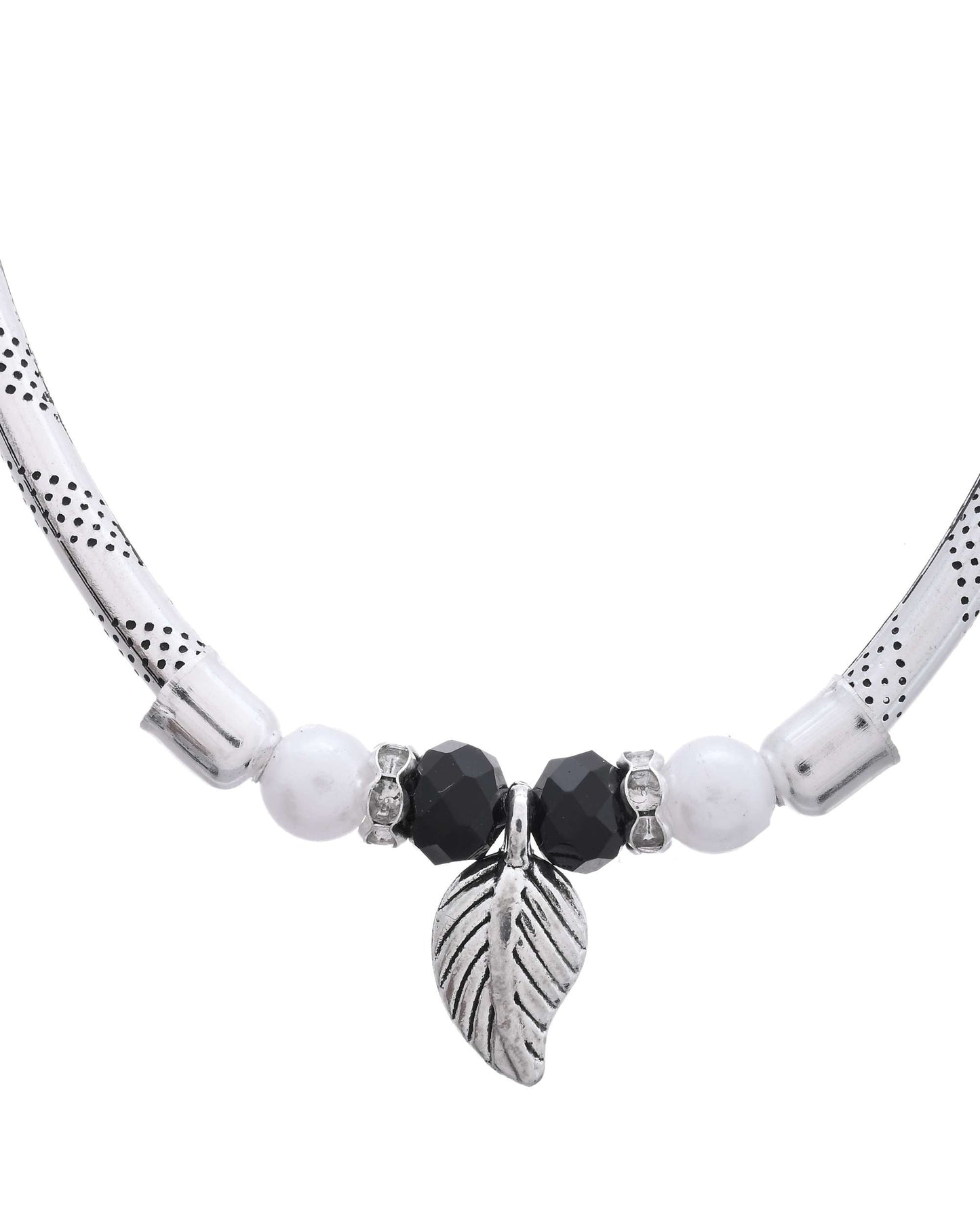 Jewels Nest Set of 2 Silver-Plated Black & White Beaded Anklets with Leaf Charm - Swadesiicart