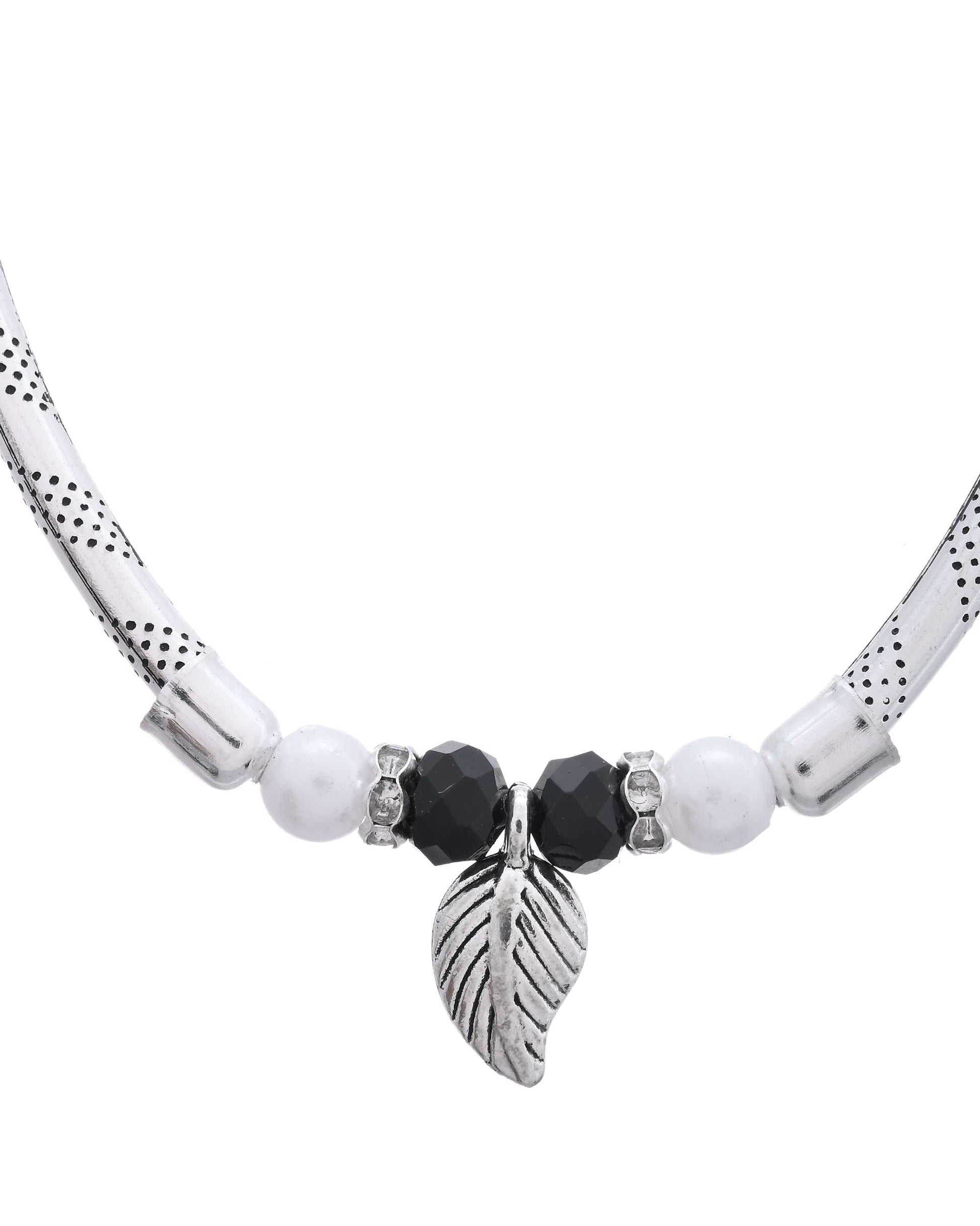 Jewels Nest Set of 2 Silver-Plated Black & White Beaded Anklets with Leaf Charm - Swadesiicart
